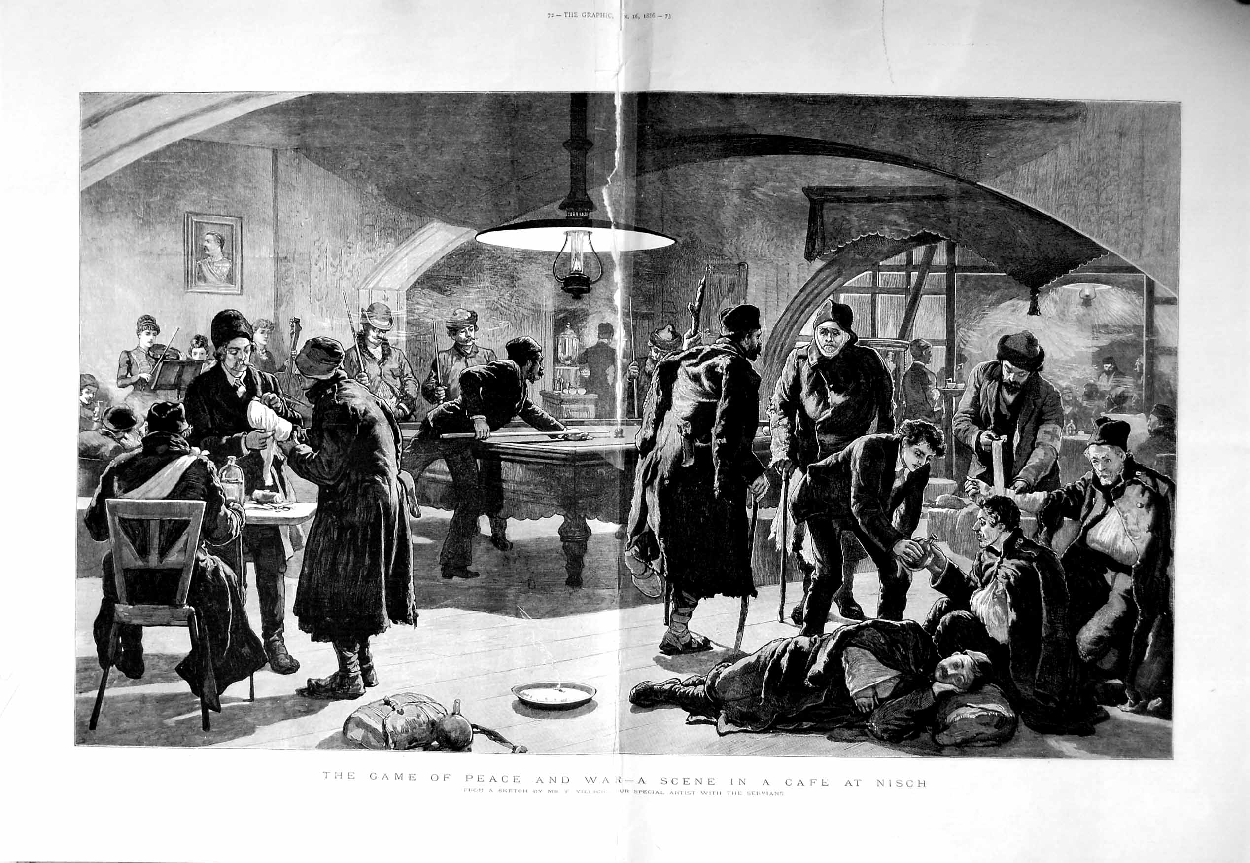 Original Old Antique Print 1886 Cafe Nisch Siers Games Servians Villi Victorian