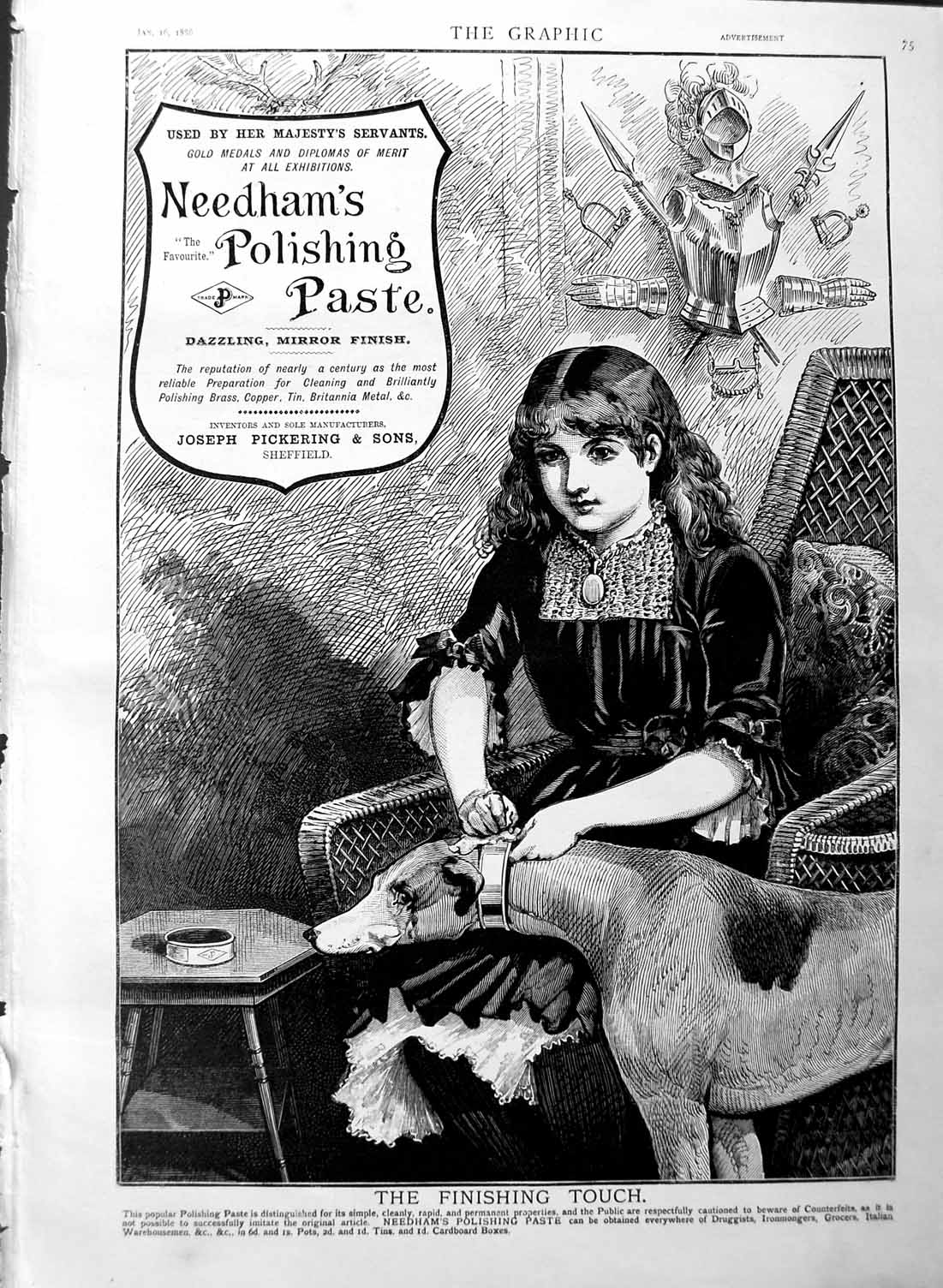 Old Antique Print 1886 Advertisement Needham'S Polishing Paste Girl Dog 19th