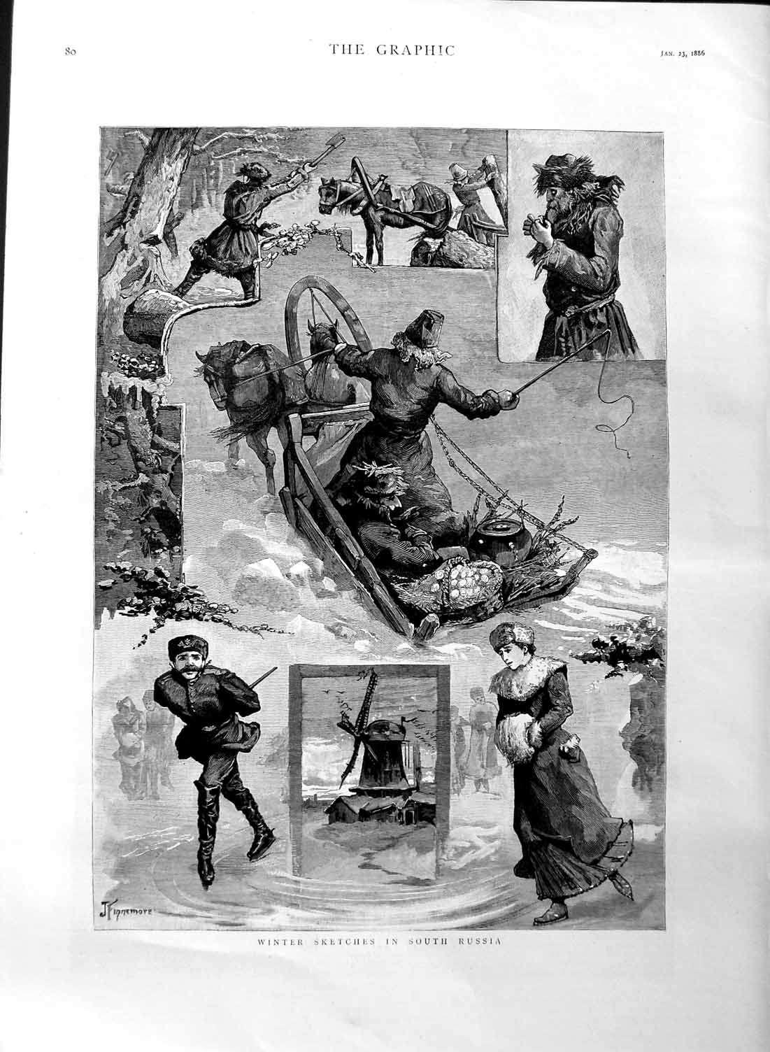 Old Antique Print 1886 Winter Sketches South Russia Sledging Ice Skating 19th