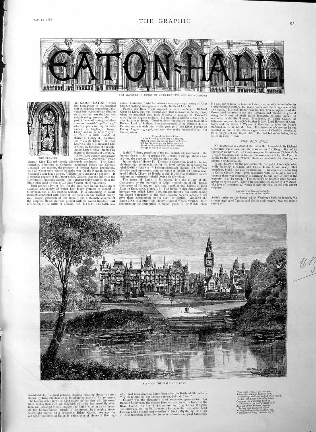 Original Old Antique Print 1886 Eaton Hall Gardens Saighton Brodge Aldford Park