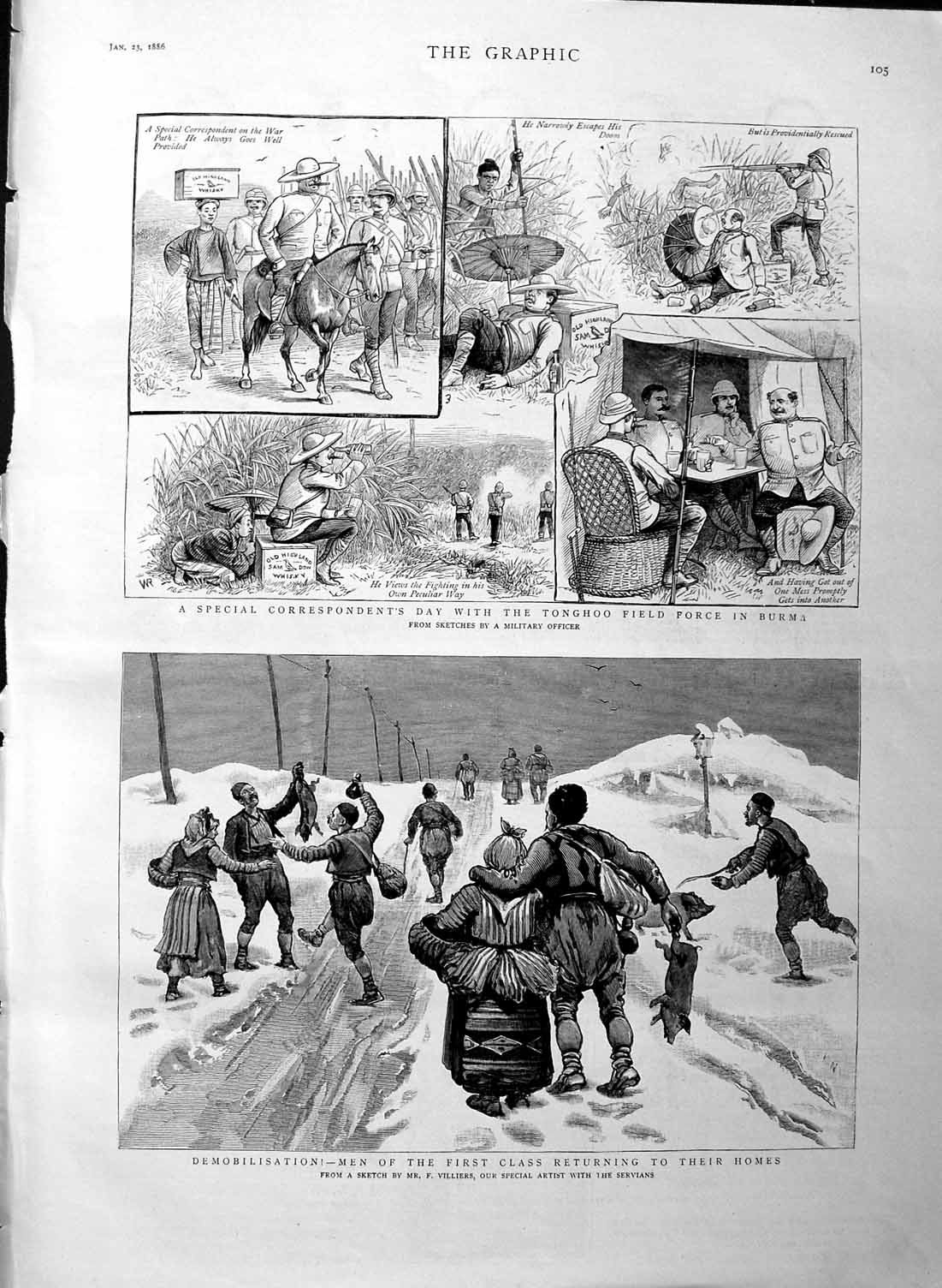 Original Old Antique Print 1886 Tonghoo Field Force Burma Demobilisation War