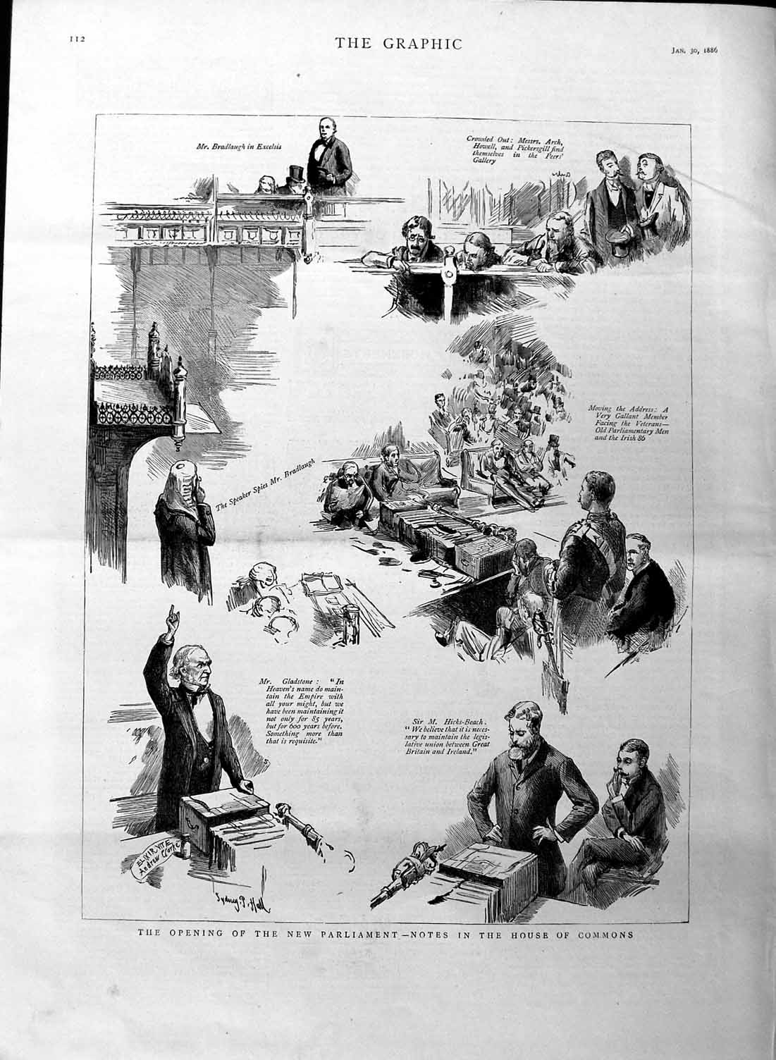 Original Old Antique Print 1886 Parliament House Commons Gladstone Arch Howell