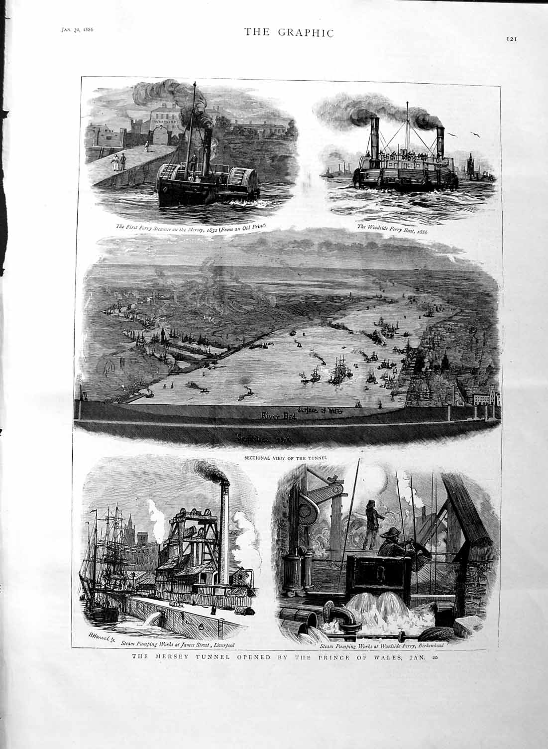 Old Antique Print 1886 Mersey Tunnel Prince Wales Ferry Steamer Woodside 19th