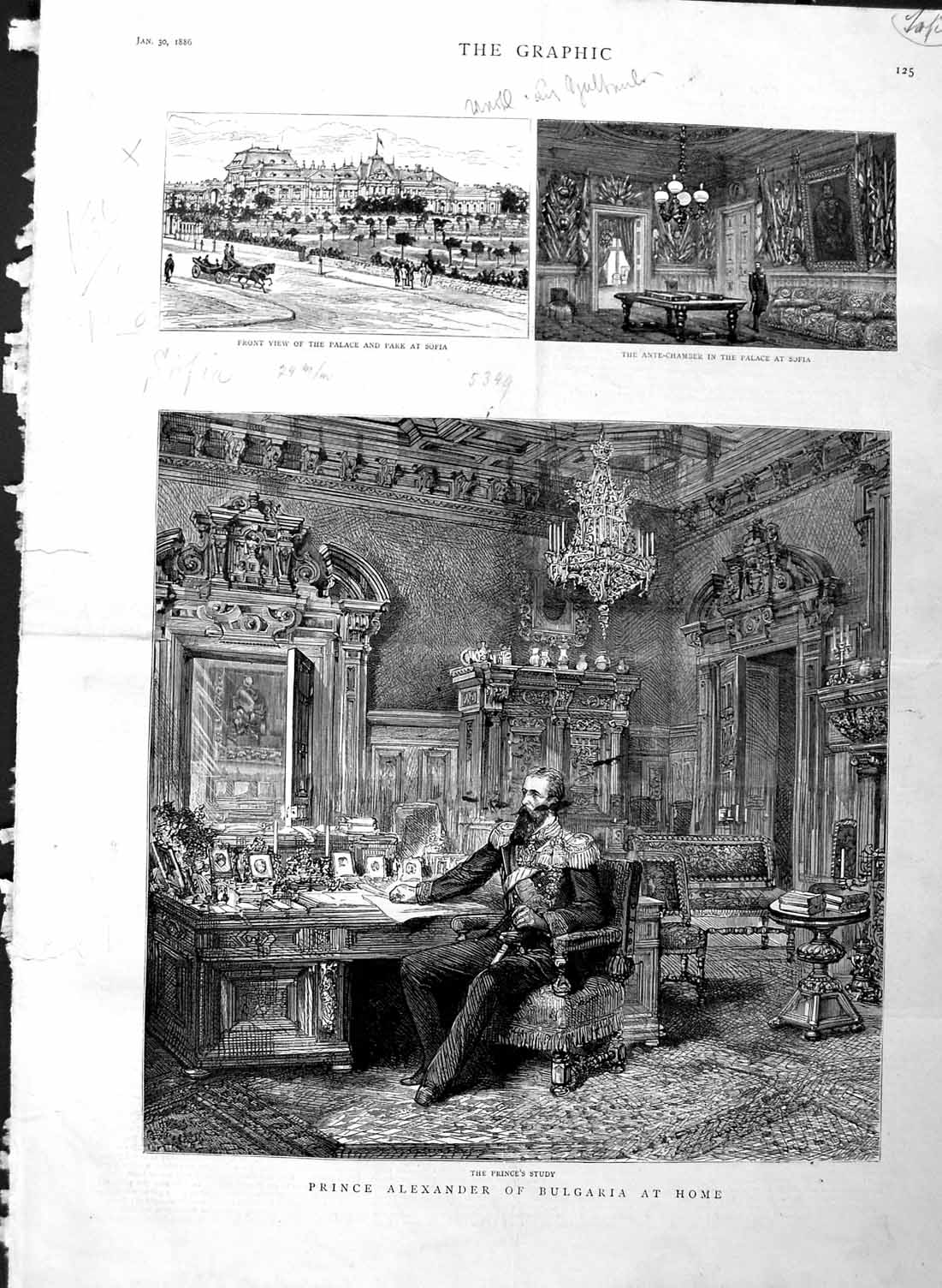 Original Old Antique Print 1886 Prince Alexander Bulgaria Study Home Palac 19th