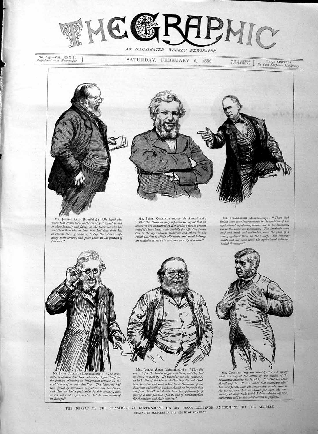 Original Old Antique Print 1886 Jesse Collings Conservative Government Arch Men