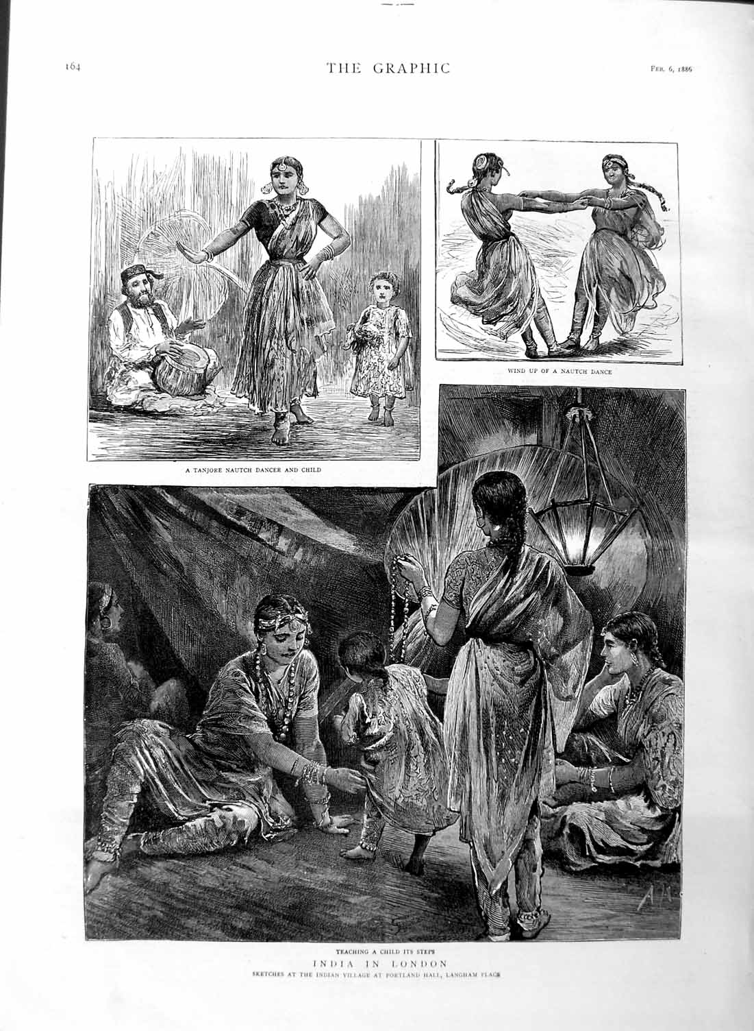 Original Old Antique Print 1886 Indian Village Portland Hall Langham Place 19th