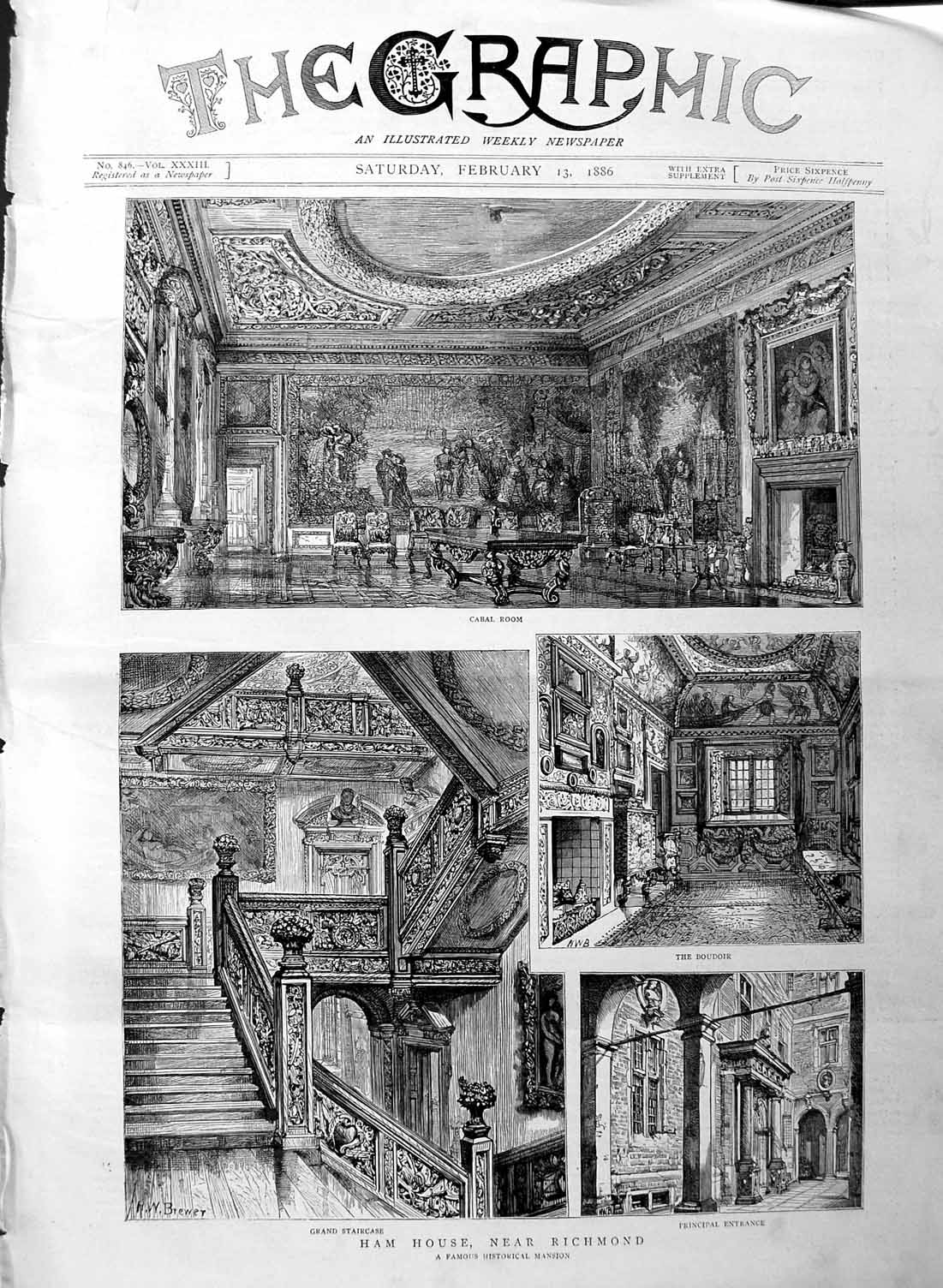 Original Old Antique Print 1886 Ham House Richmond Cabal Grand Staircase 19th