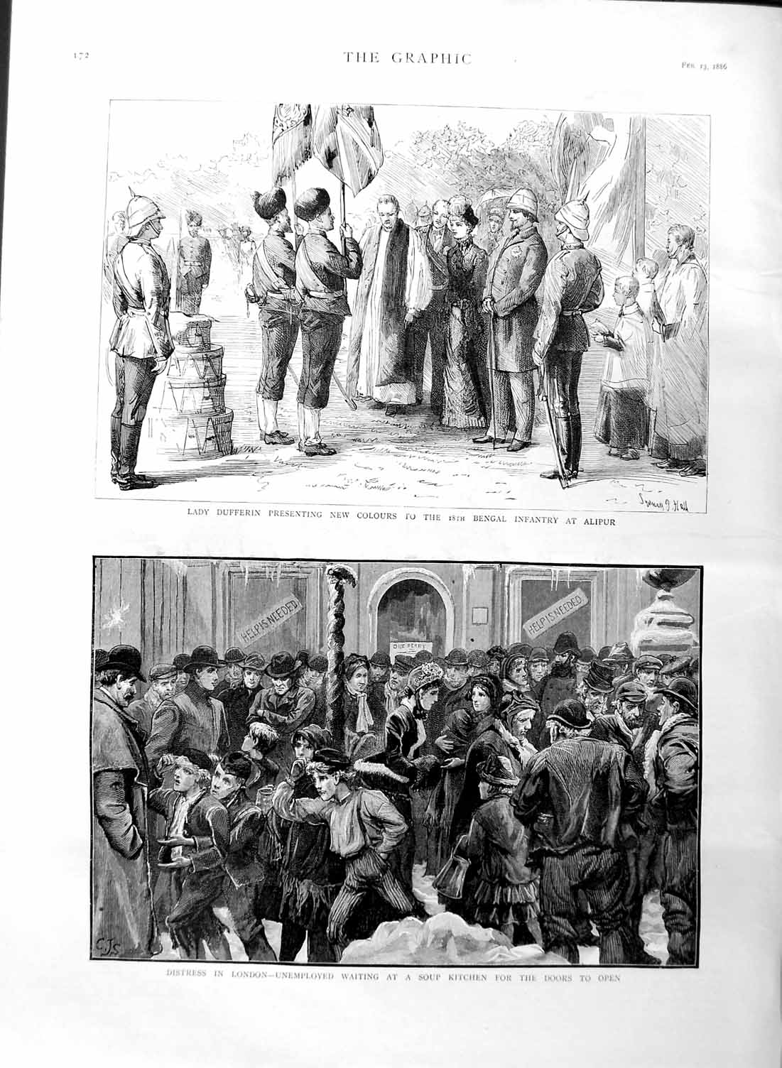 Original Old Antique Print 1886 London Unemployed Soup Kitchen Lady Duffe 19th