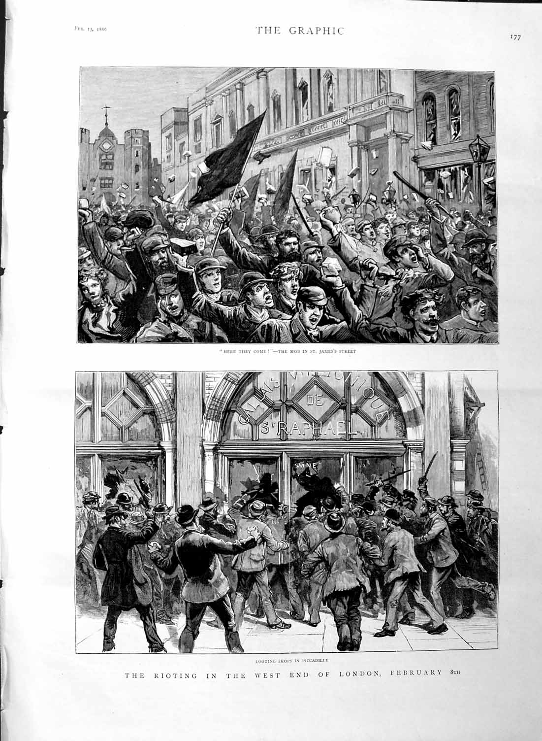 Original Old Antique Print 1886 Rioting London Piccadilly Trafalgar De Victorian