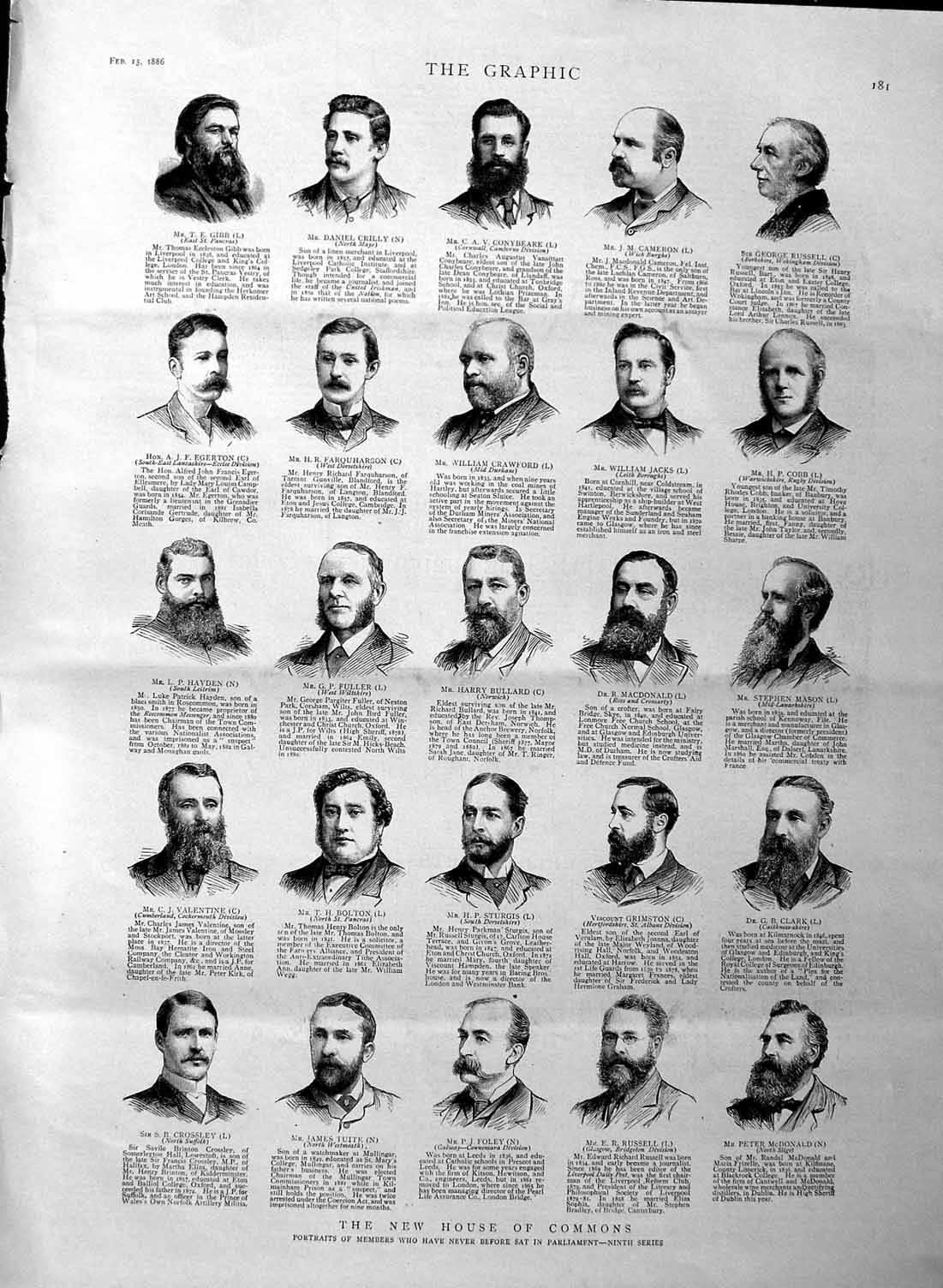 Old Antique Print 1886 Commons Foley Sturgis Bullard Crawford Fuller Men 19th