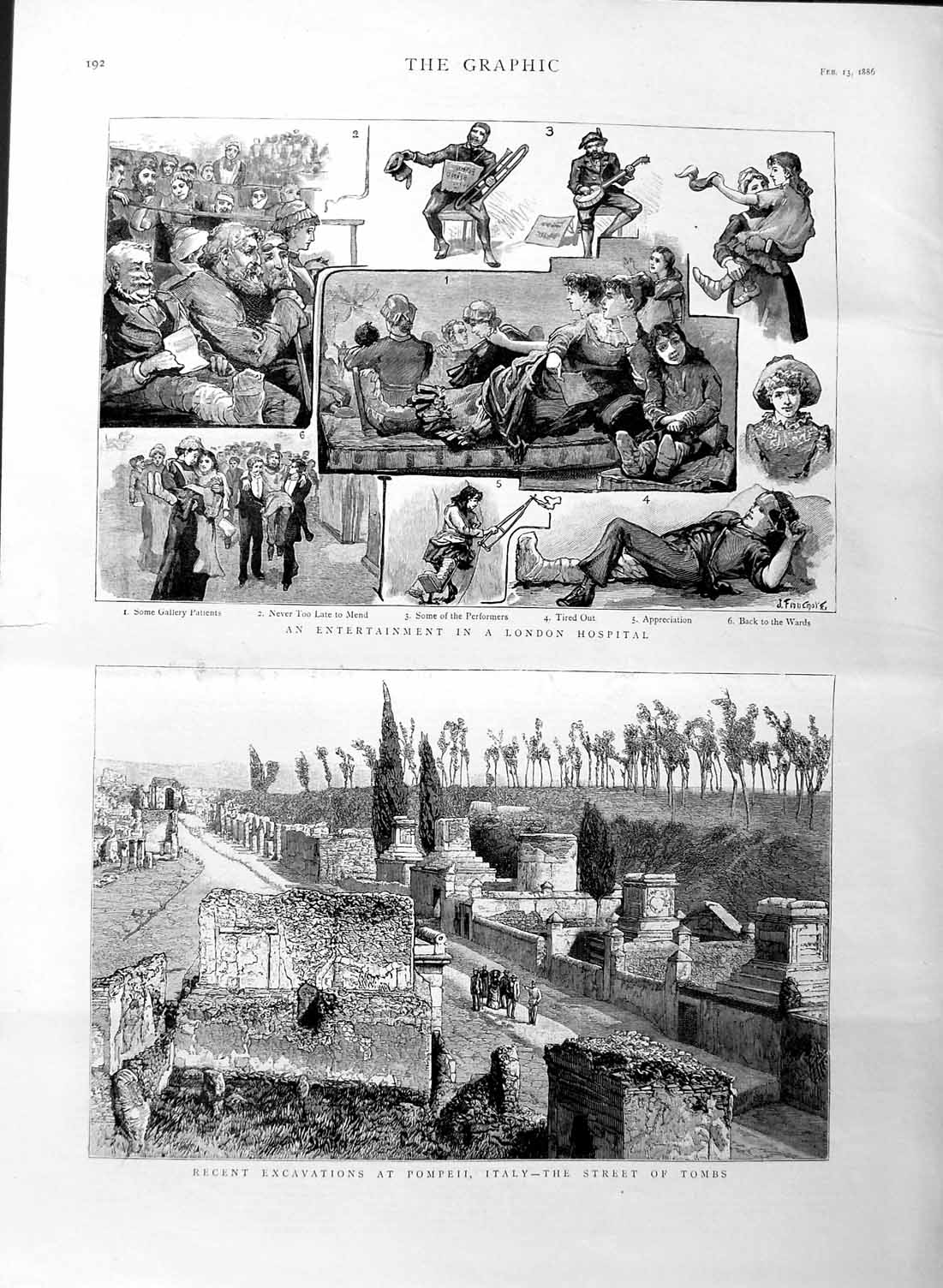 Original Old Antique Print 1886 London Hospital Archaeology Pompeii Italy Tombs