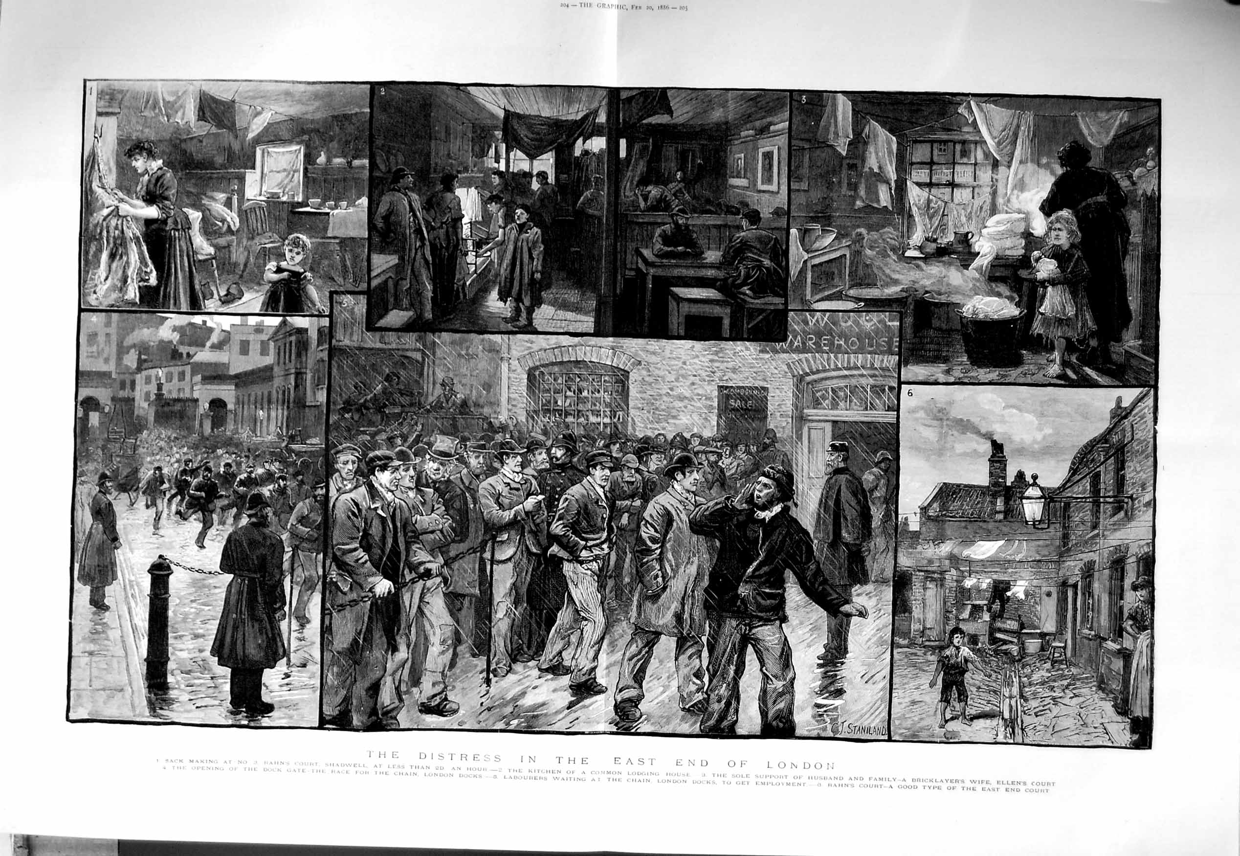 Original Old Antique Print 1886 Distress London Shadwell Docks Rahn'S Cour 19th