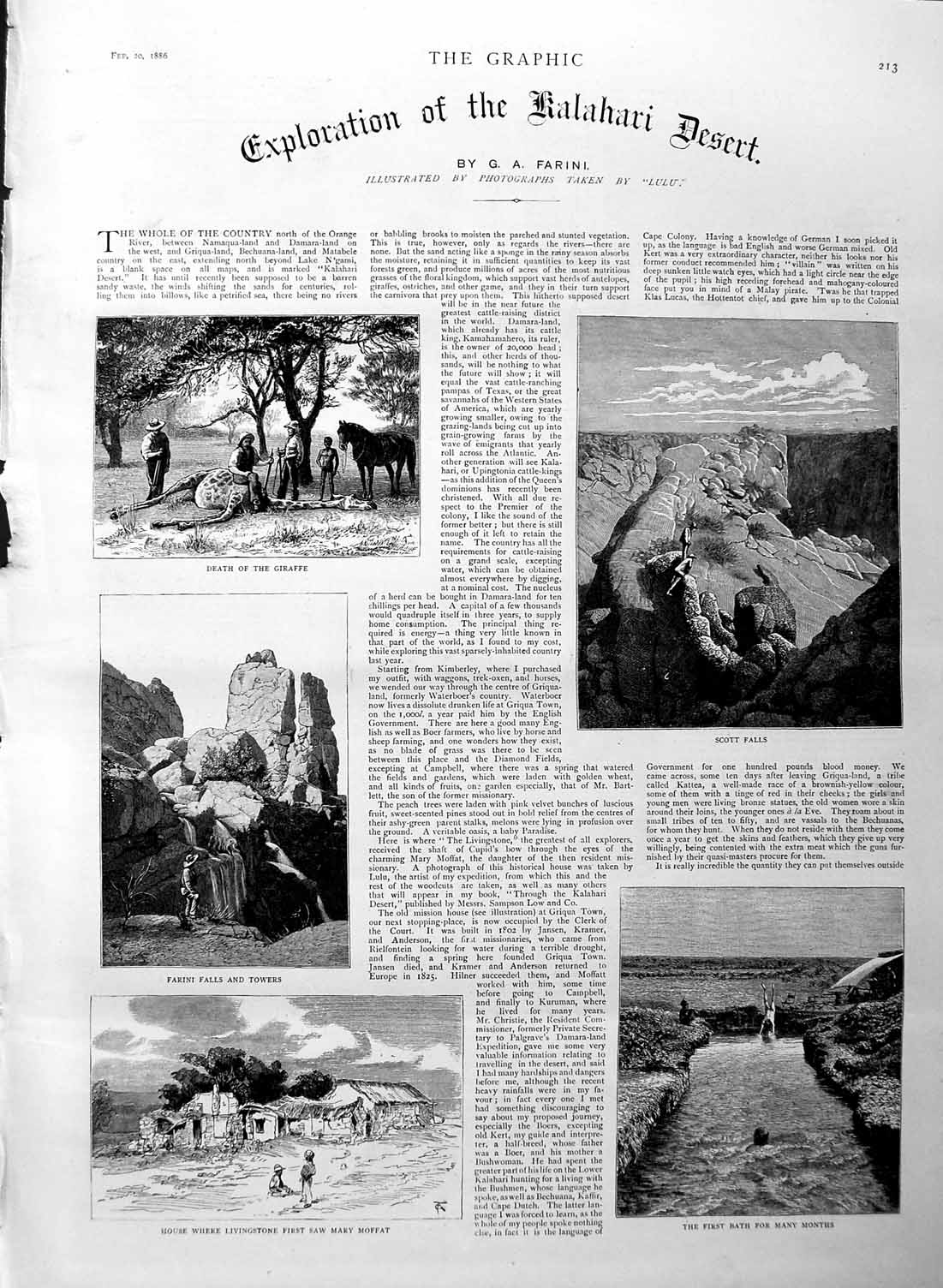 Original Old Antique Print 1886 Kalahari Desert Scott Falls Mary Moffat Kattea
