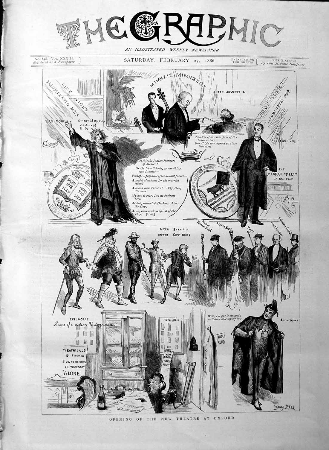 Original Old Antique Print 1886 Theatre Oxford Actors Jowett Scene Thea 19th