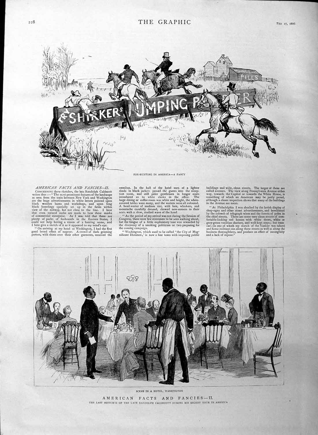 Original Old Antique Print 1886 Fox Hunting America Hotel Washington Caldecott