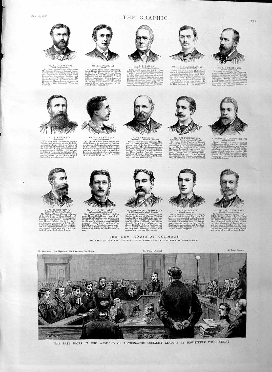 Old Antique Print 1886 Bow-Street Police Court Commons Pease Marton Kenny 19th