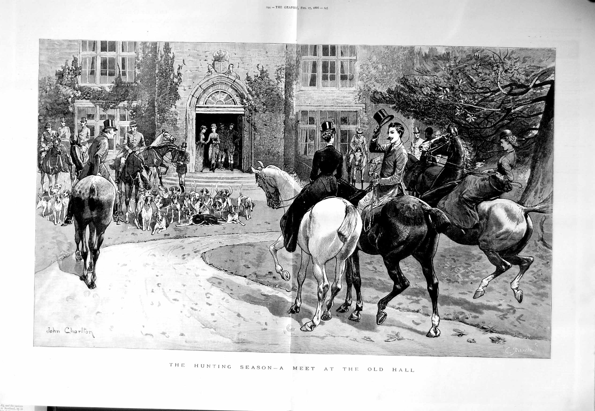 Original Old Antique Print 1886 Hunting Season Hounds Horses Hall M Victorian