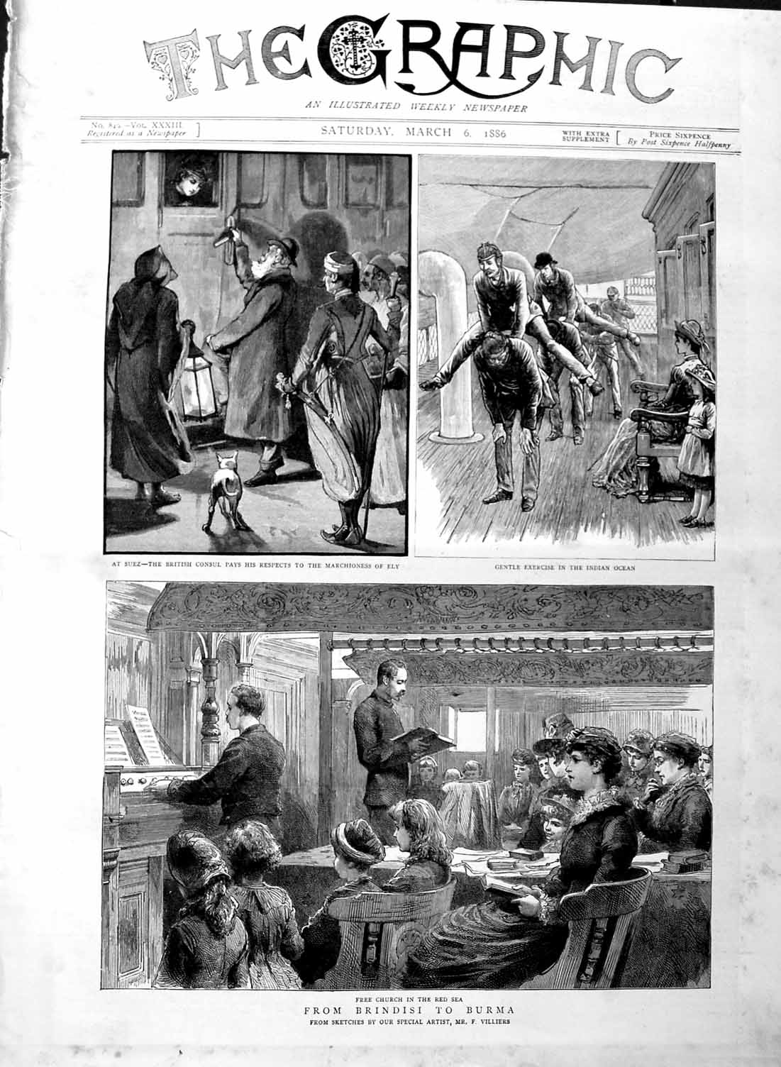 Old Antique Print 1886 Ship Red Sea Brindisi Burma Suez Marchioness Ely 19th