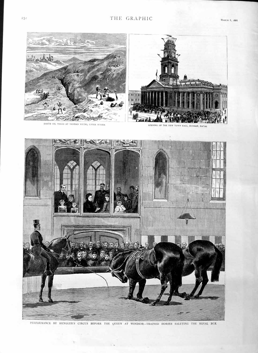 Original Old Antique Print 1886 Hengler'S Circus Queen Windsor Oil Well 19th