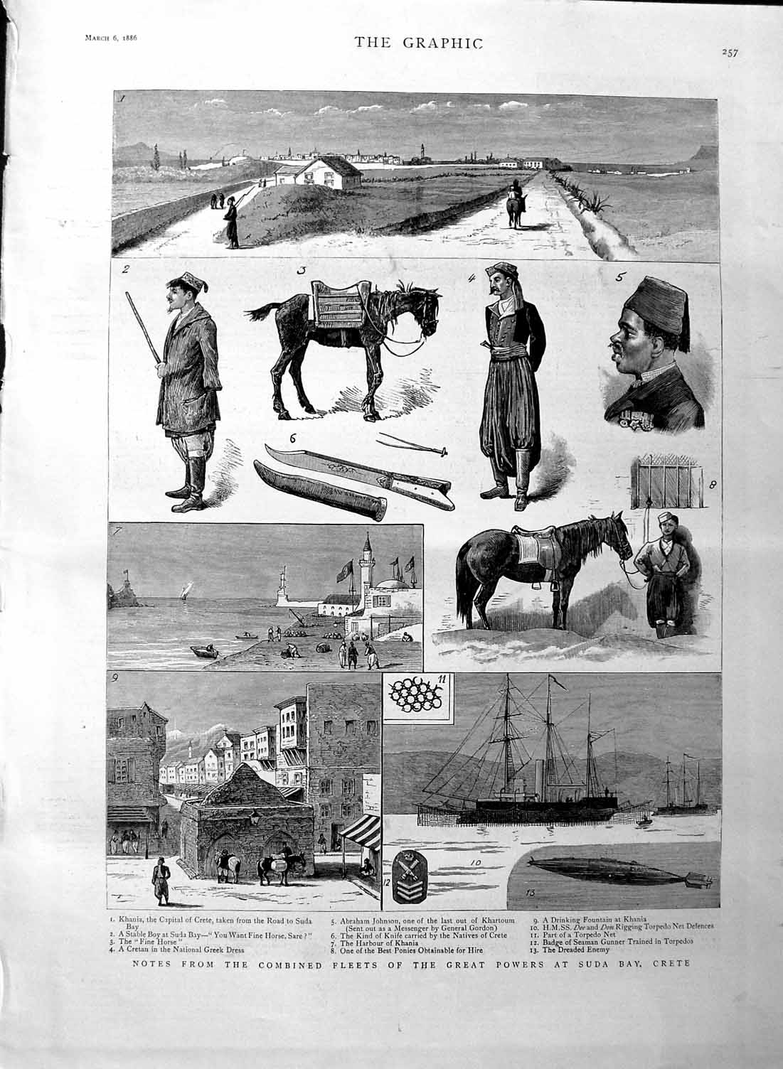 Original Old Antique Print 1886 Suda Bay Crete Khania Greek Dress Dee Don Ships