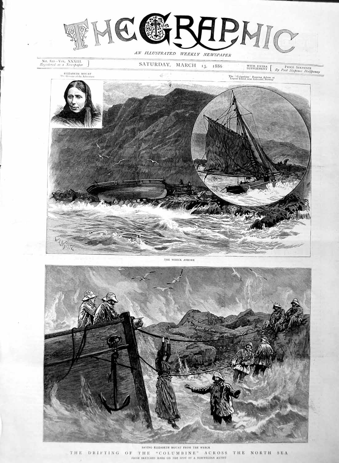 Original Old Antique Print 1886 Ship North Sea Colombine Elizabet 19th