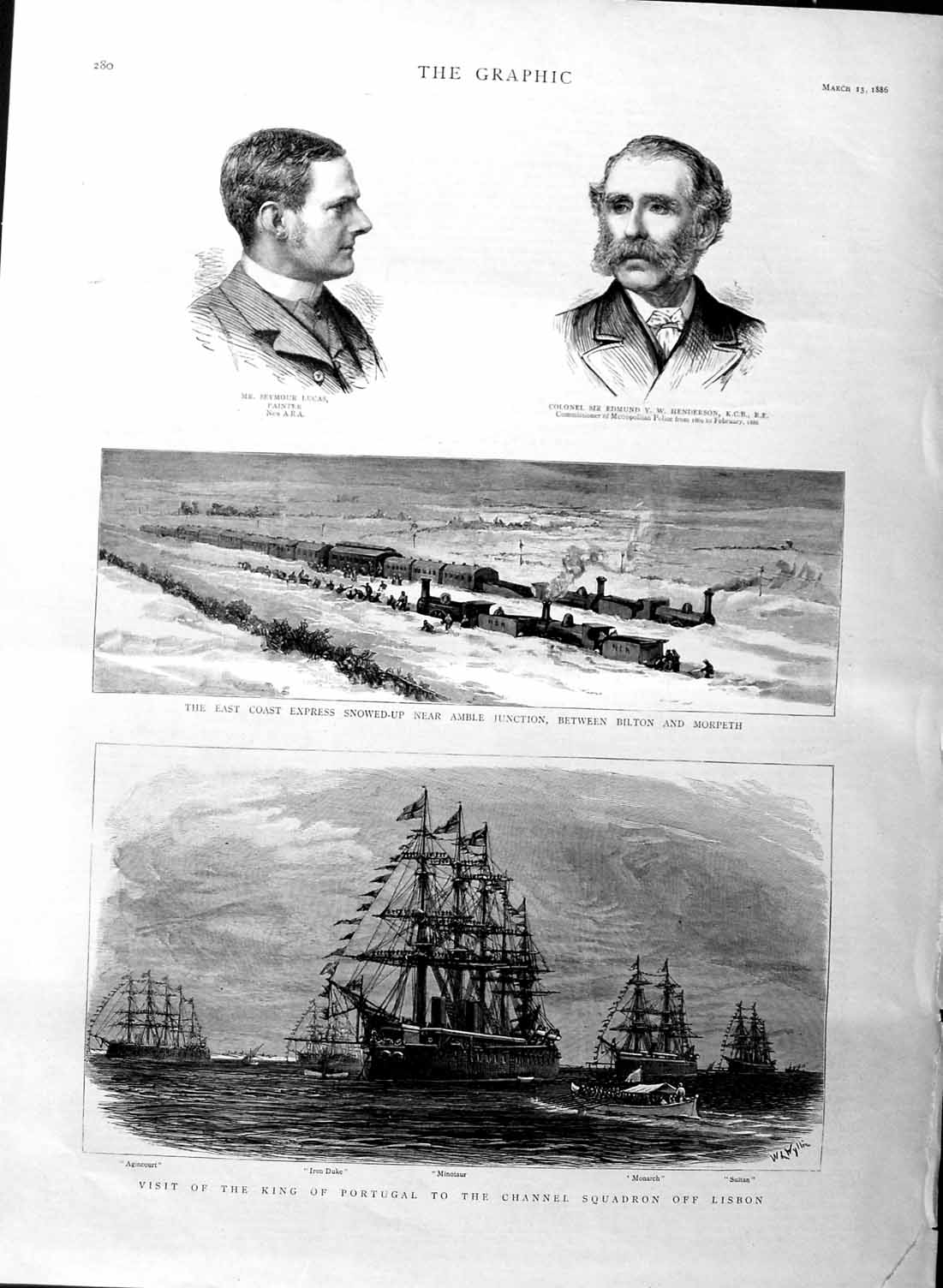 Old Antique Print 1886 King Portugal Ships Duke Monarch Train Snow Amble 19th