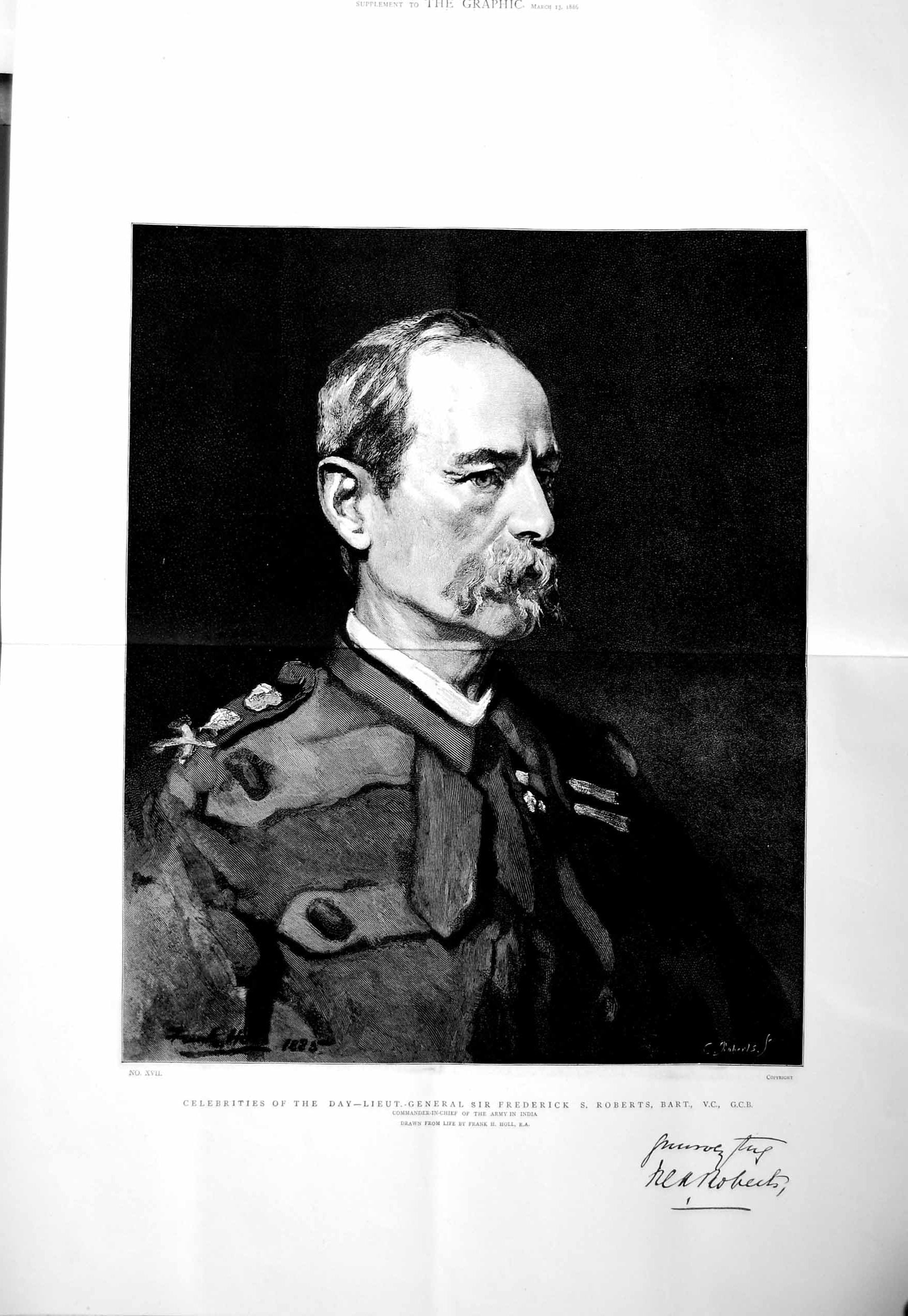 Old Antique Print 1886 Portrait Lieut-General Sir Frederick Roberts Bart 19th