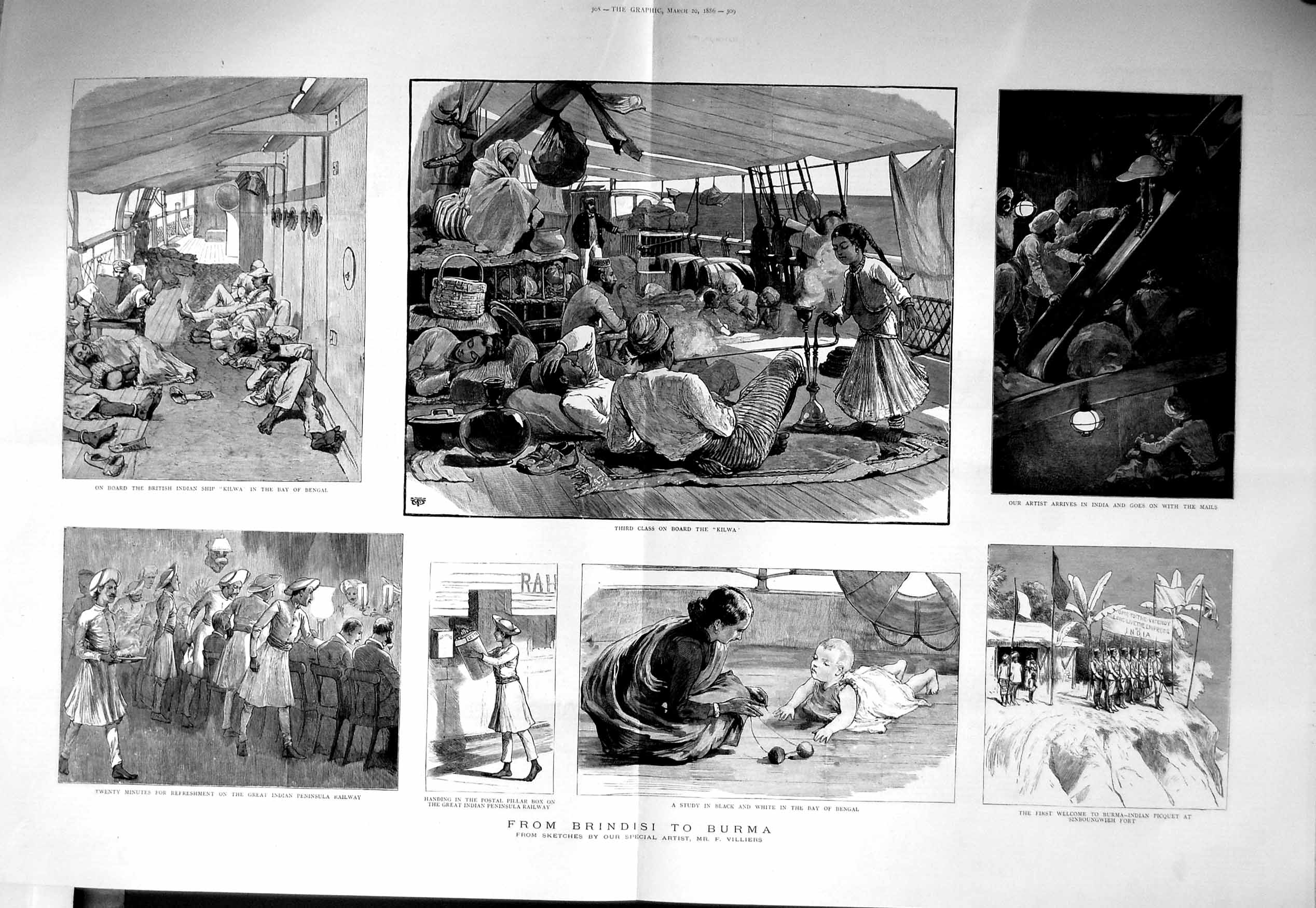Old Antique Print 1886 Brindisi Burma Sailors Ship Kilwa Bay Bengal Fort 19th
