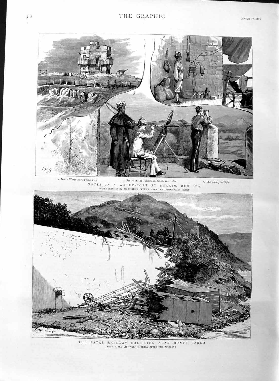 Original Old Antique Print 1886 Railway Crash Monte Carlo Water-Fort Suakim Red