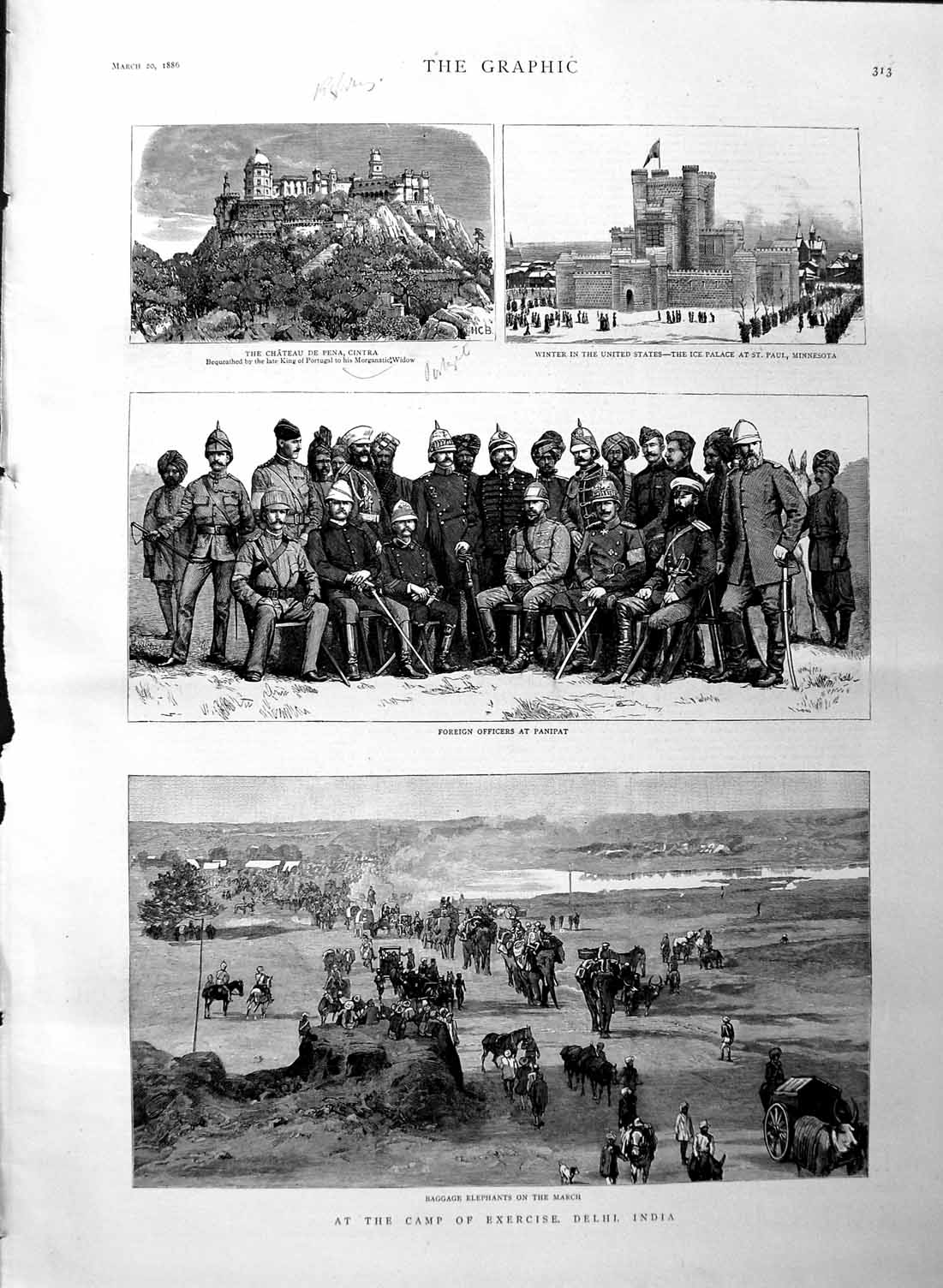 Old Antique Print 1886 Camp Exercise Delhi India Panipat Chateau Cintra 19th