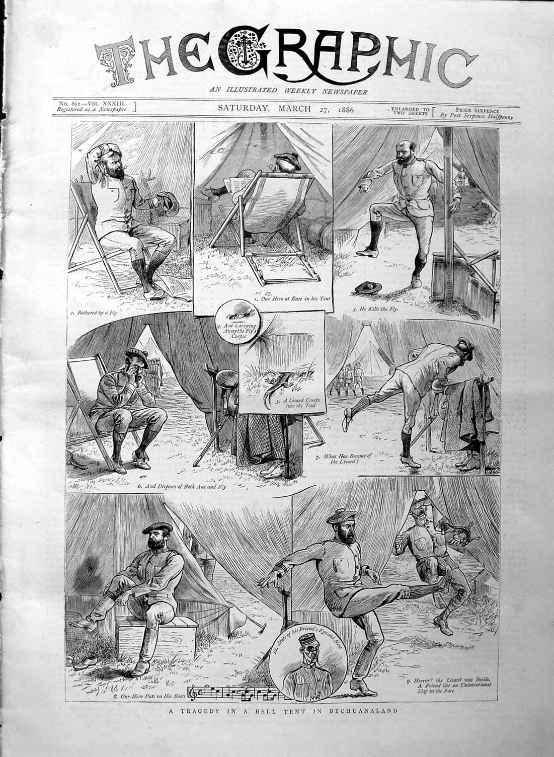 Original Old Antique Print 1886 Bell Tent Bechuanaland Native Siers Lizard 19th