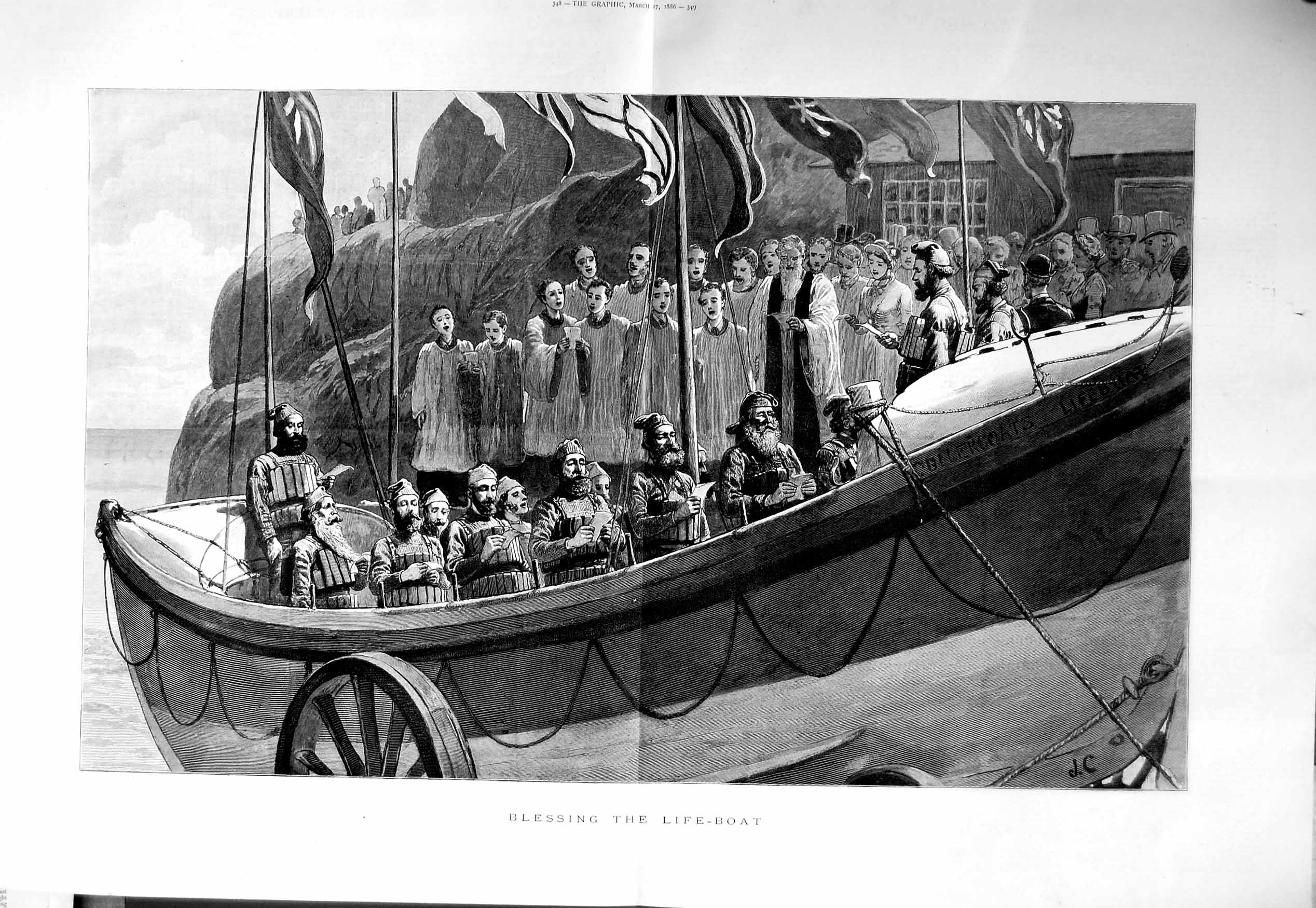 Original Old Antique Print 1886 Scene Priest Blessing Lifeboat Crew F Victorian