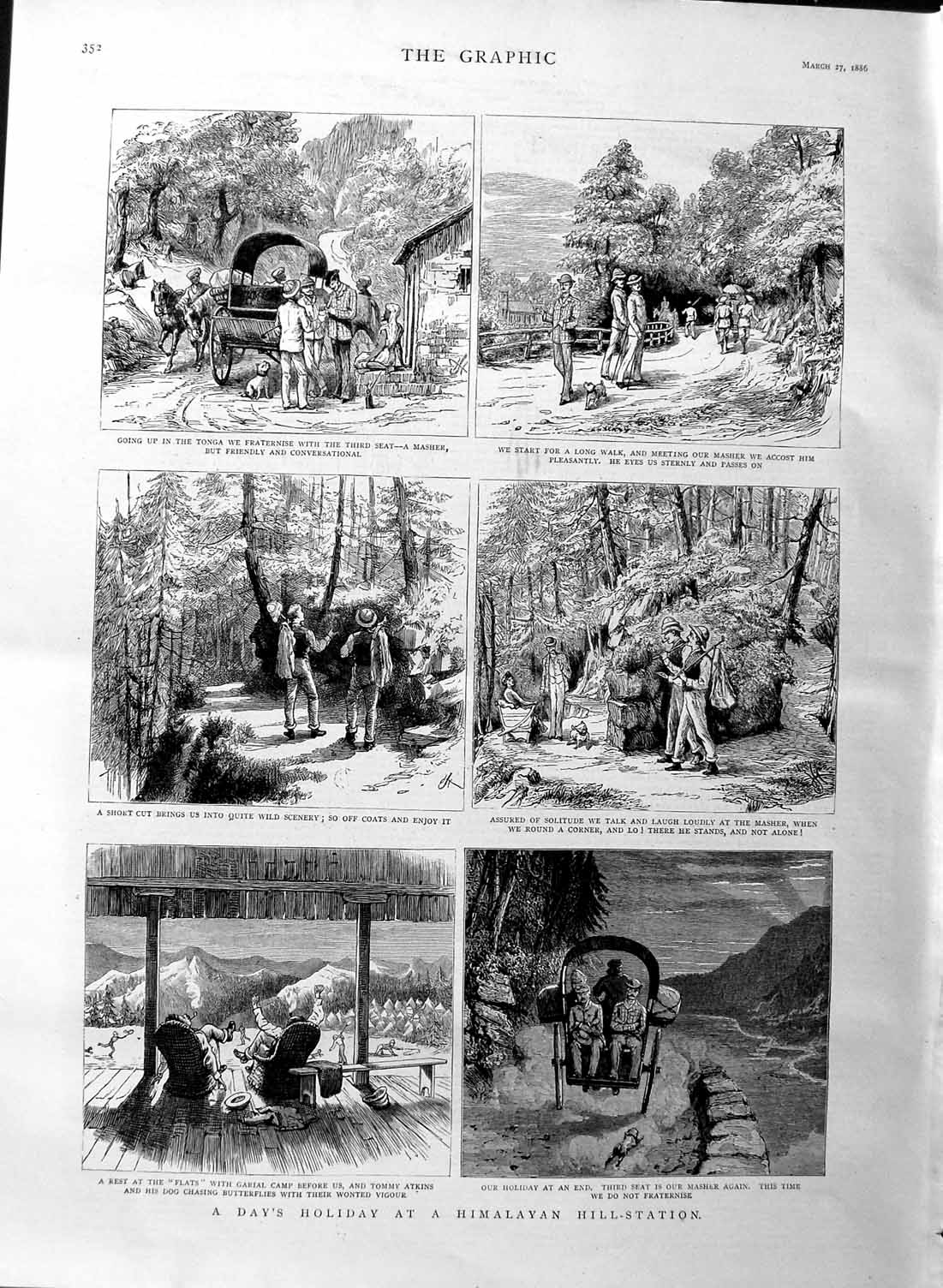 Original Old Antique Print 1886 Himalaya Mountains Hill Station 19th