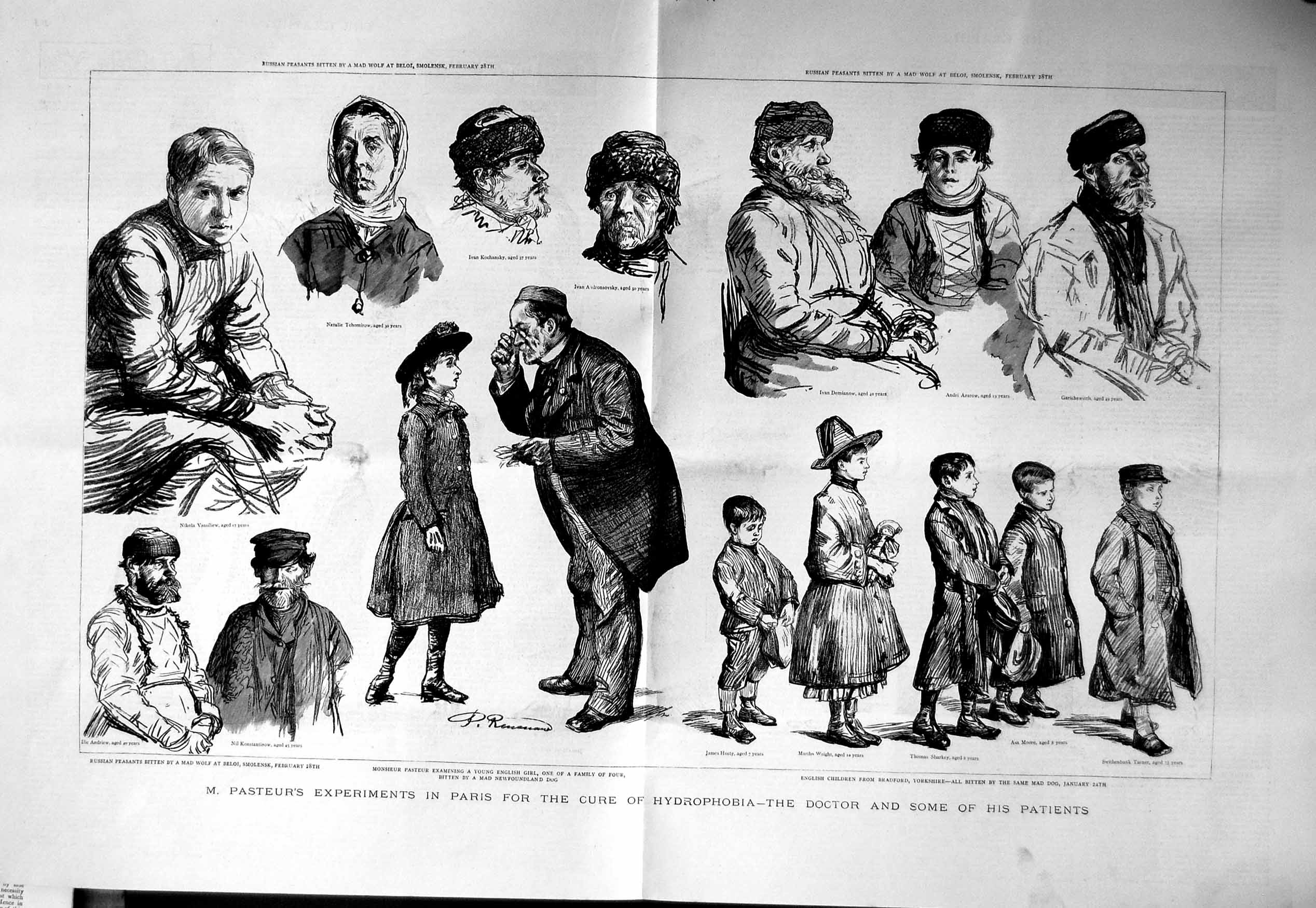 Original Old Antique Print 1886 Pasteur Experiments Patients Cure Hydrophobia
