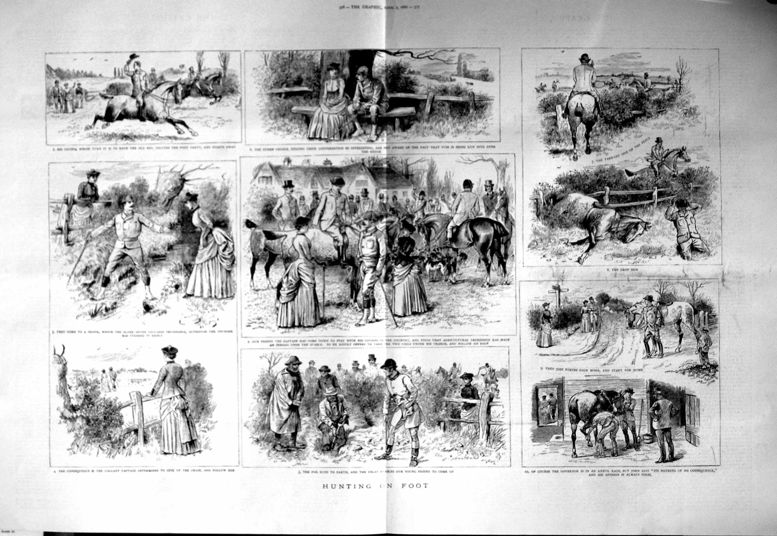 Old Antique Print 1886 Fox Hunting Sport Horses Hounds Dogs Countryside 19th