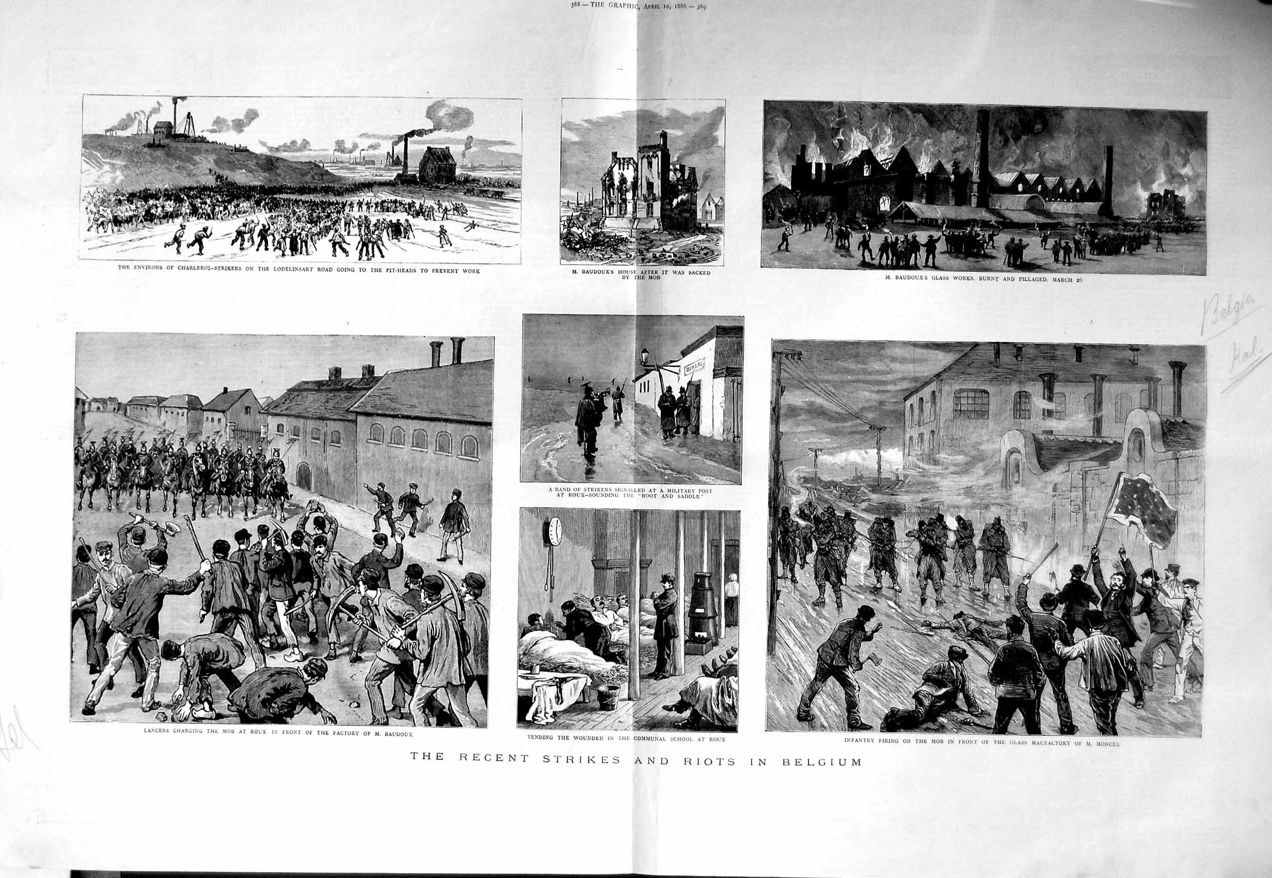 Original Old Antique Print 1886 Strikes Riots Belgium Factory Baudoux Monceu