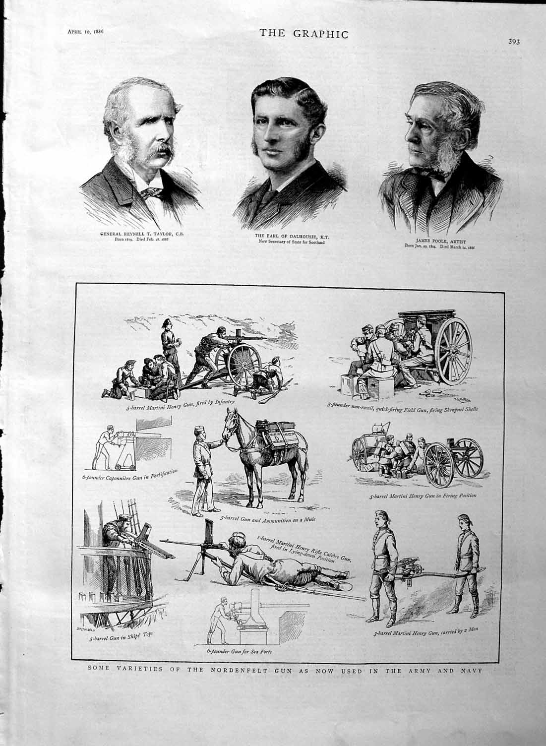 Old Antique Print 1886 Nordenfelt Gun Army Taylor Dalhousie Poole Artist 19th
