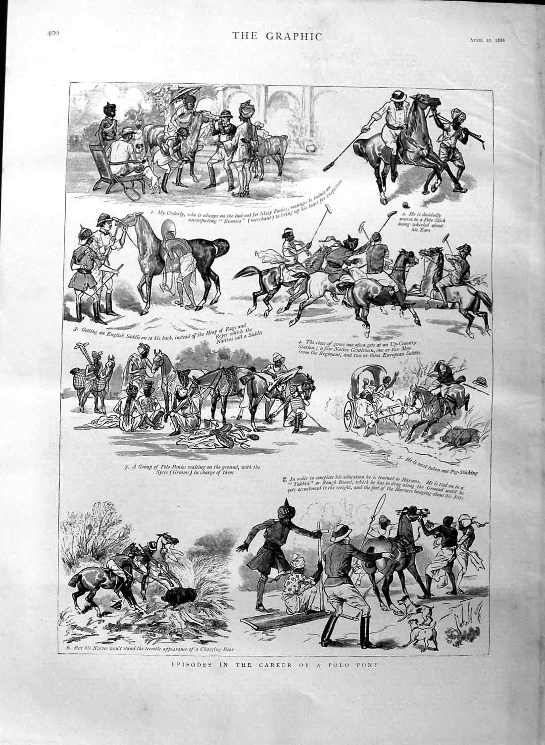 Original Old Antique Print 1886 Polo Pony Natives Hunting Spo 19th