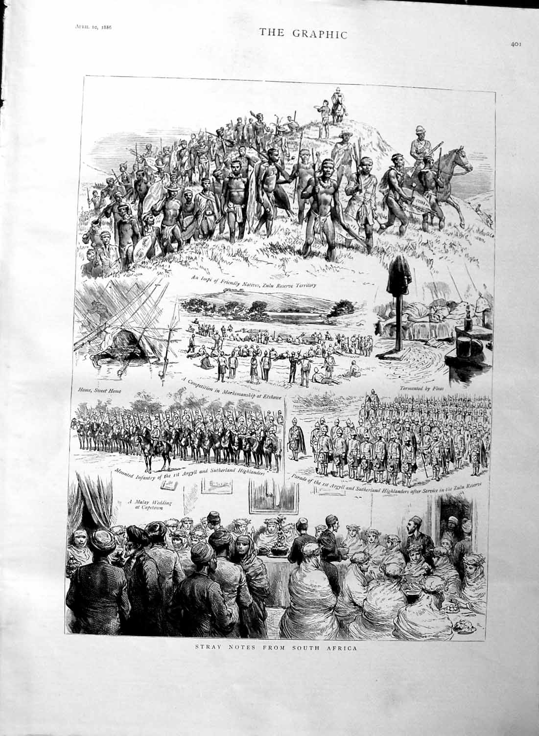 Old Antique Print 1886 South Africa Naitves Zulu Argyll Highlanders Army 19th