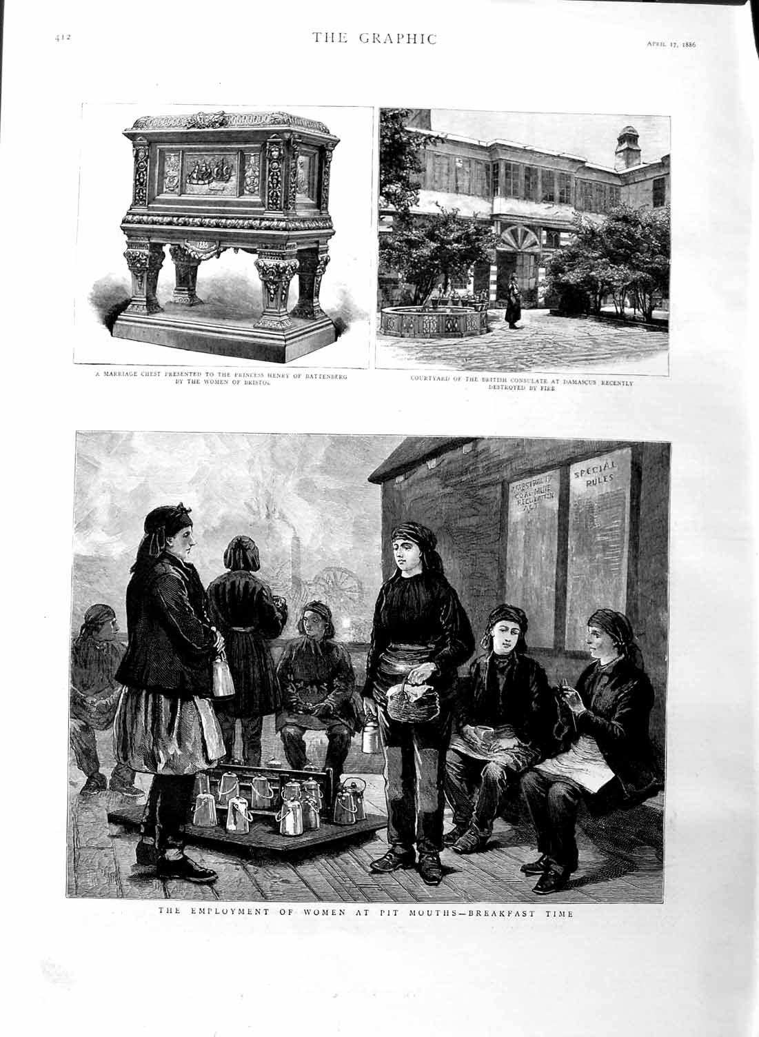 Old Antique Print 1886 Women Pit Mouths Working Henry Battenberg Damascus 19th