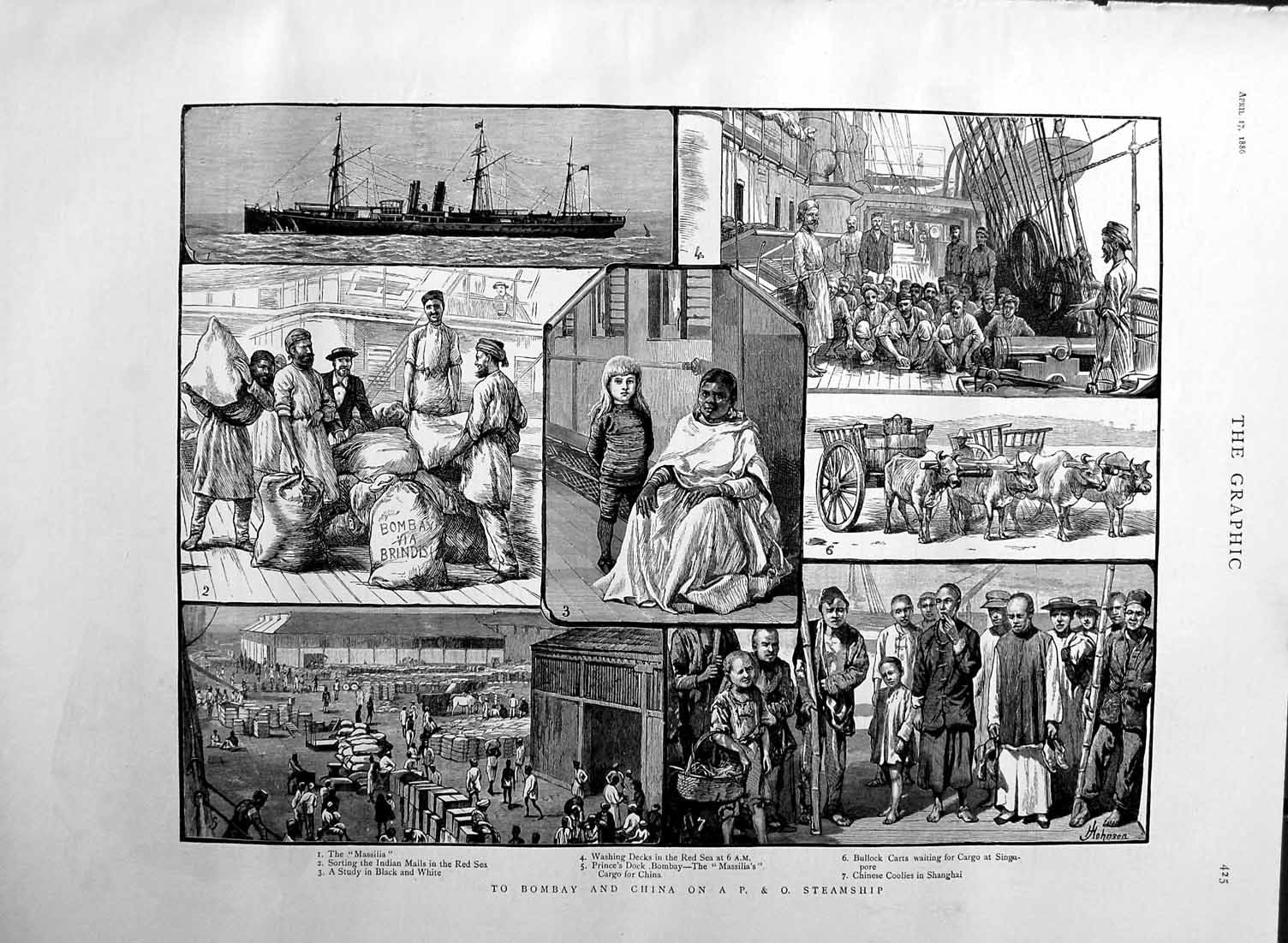 Original Old Antique Print 1886 P & O Steamship Bombay China Massilias S 19th