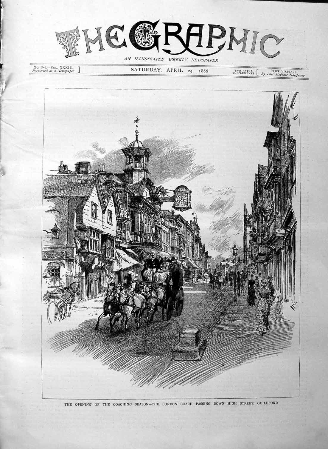 Original Old Antique Print 1886 Coaching Season London Coach Street Guildford