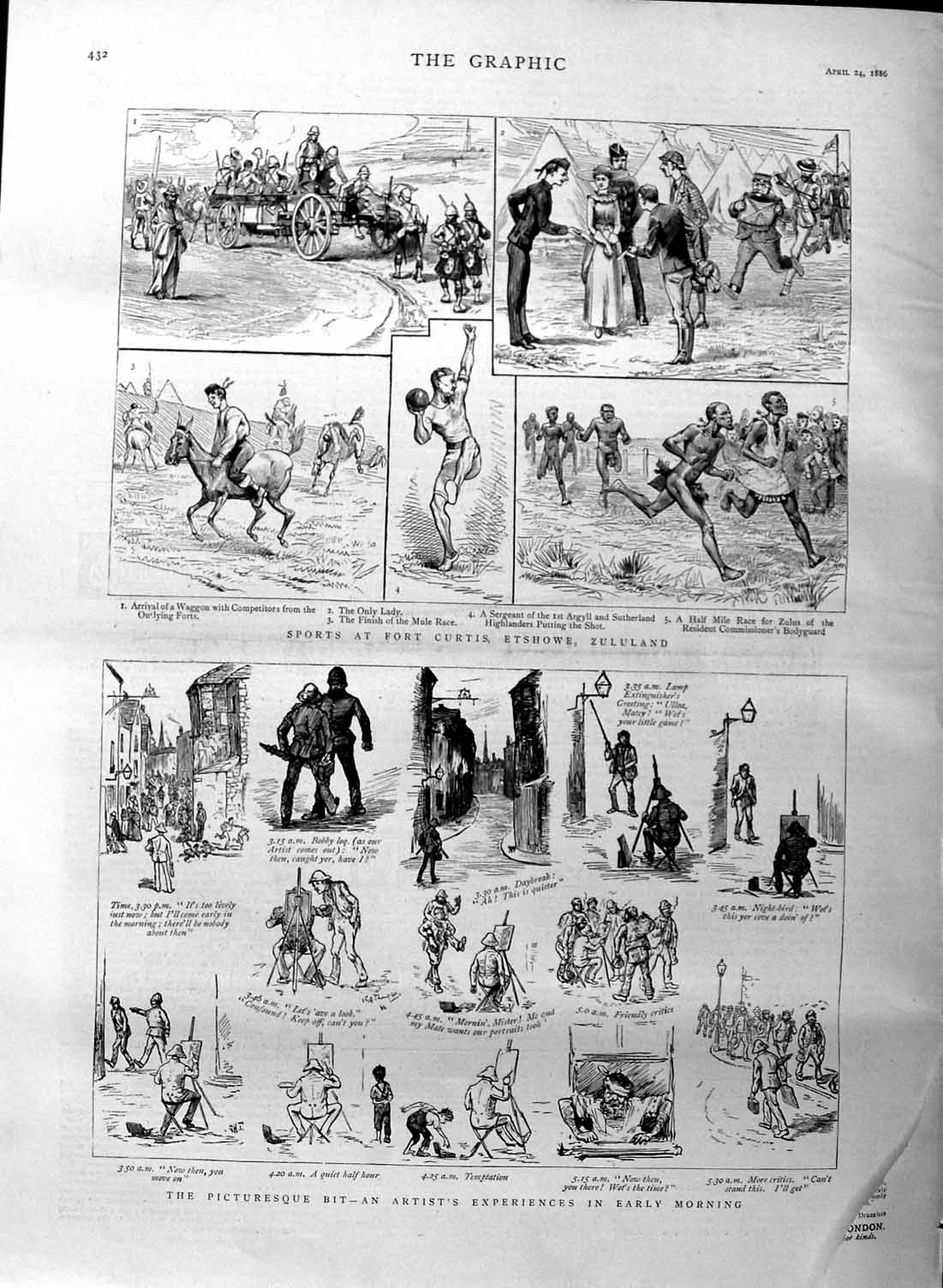 Original Old Antique Print 1886 Sports Fort Curtis Etshowe Zululand Sketches