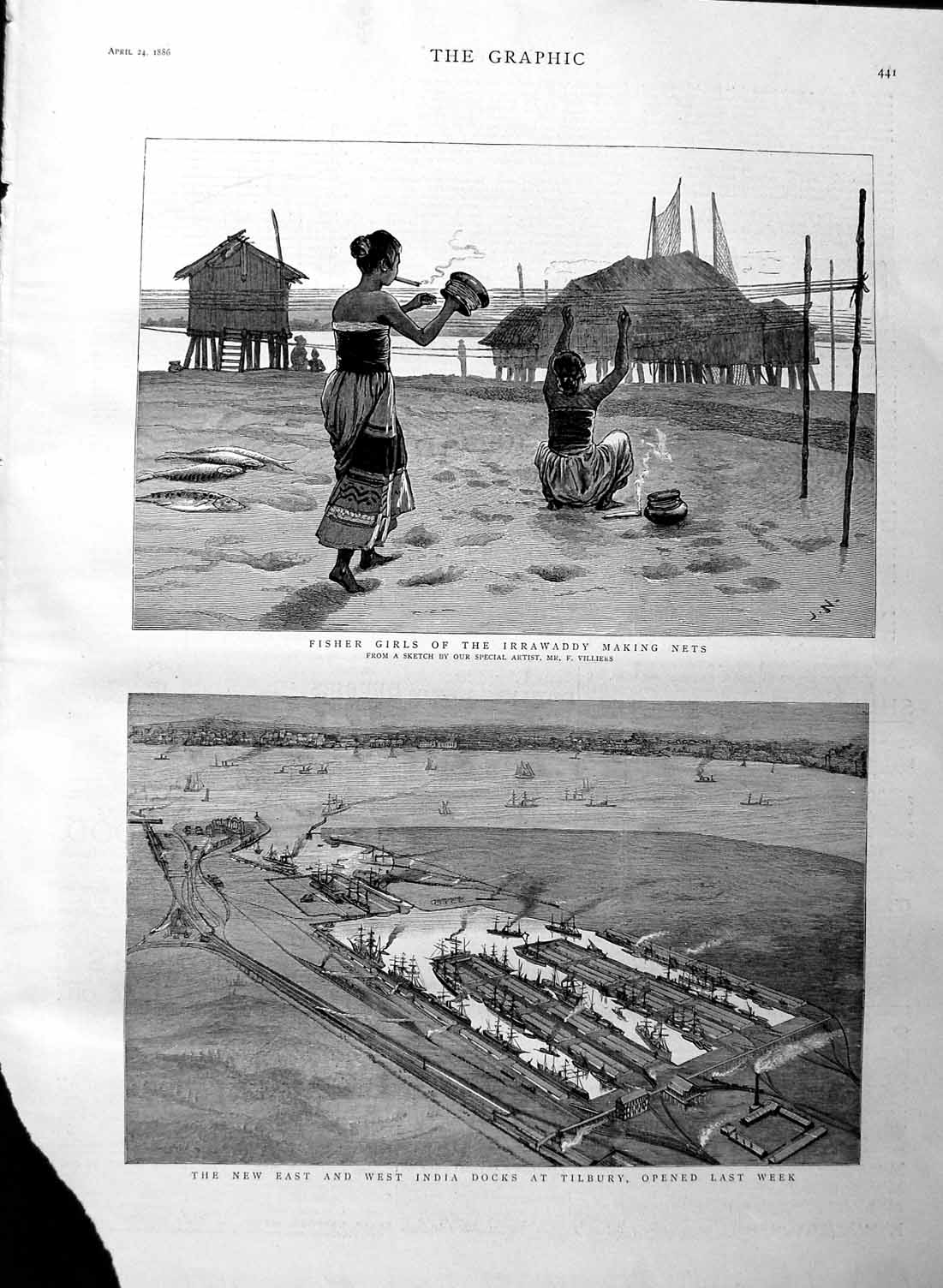 Old Antique Print 1886 Fish Girls Irrawaddy Nets India Docks Tilbury Ship 19th