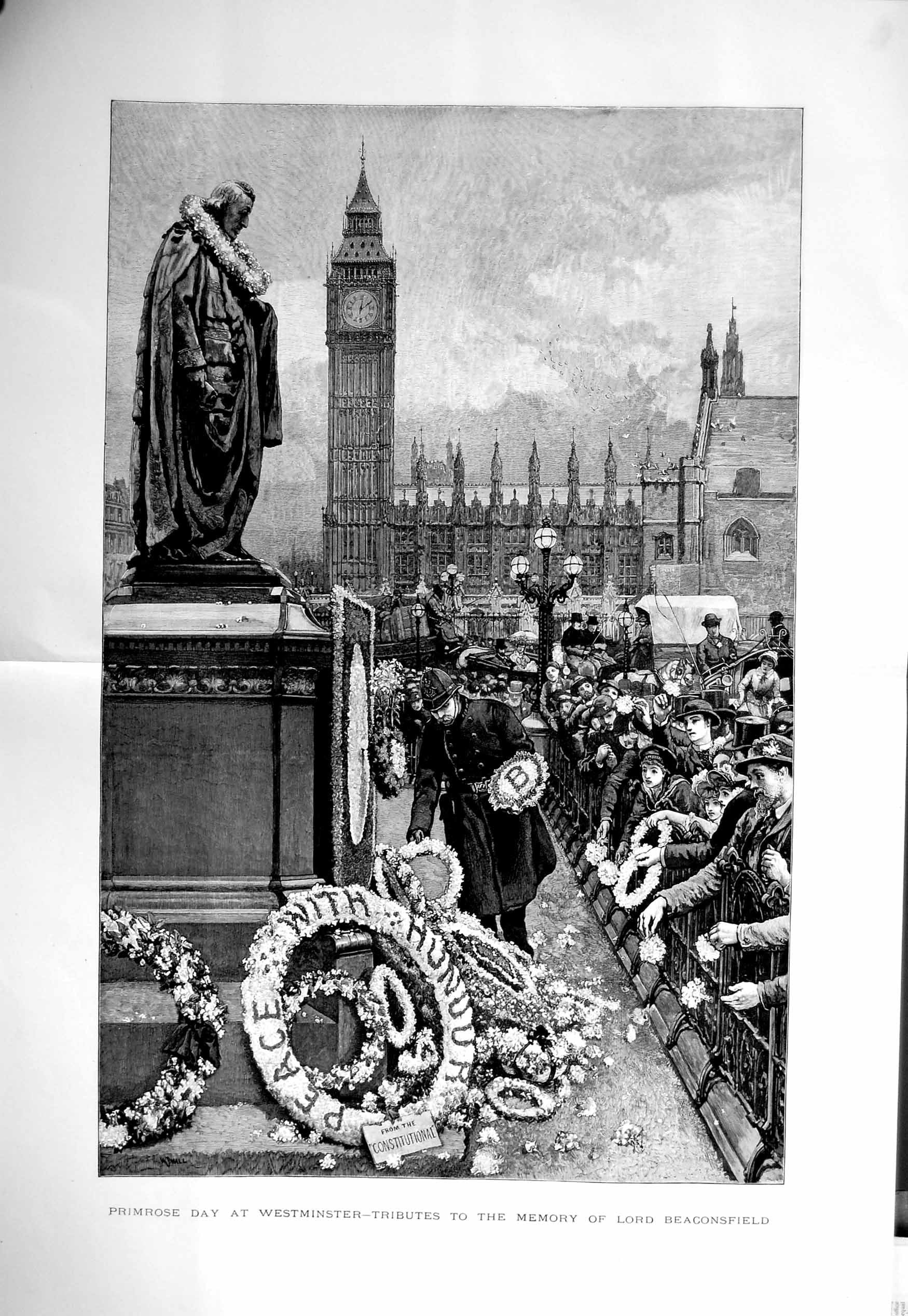 Old Antique Print 1886 Primrose Day Westminster Lord Beaconsfield Memory 19th