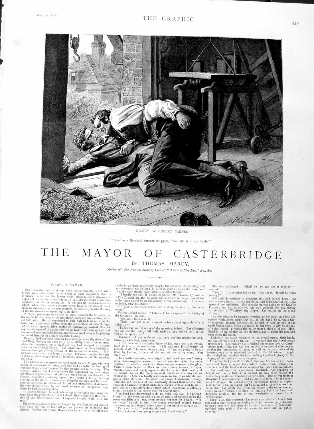 Old Antique Print 1886 Illustration Story Mayor Casterbridge Men Fighting 19th