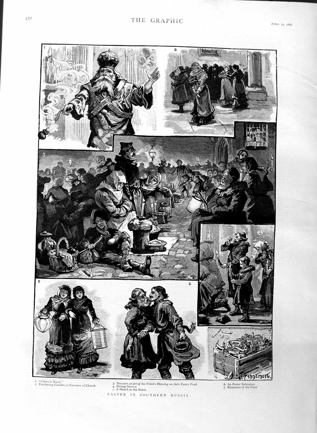 Original Old Antique Print 1886 Easter Southern Russia Church Salutation Priest