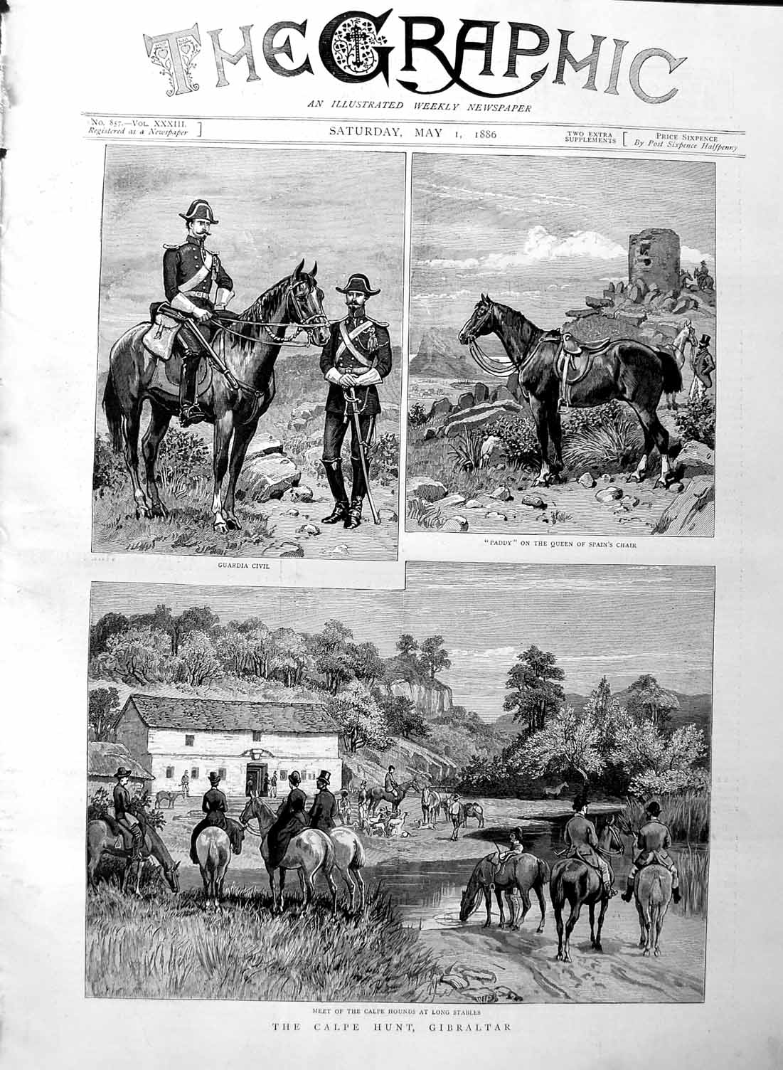 Original Old Antique Print 1886 Calpe Hunt Gibraltar Guardia Civil Paddy Horse