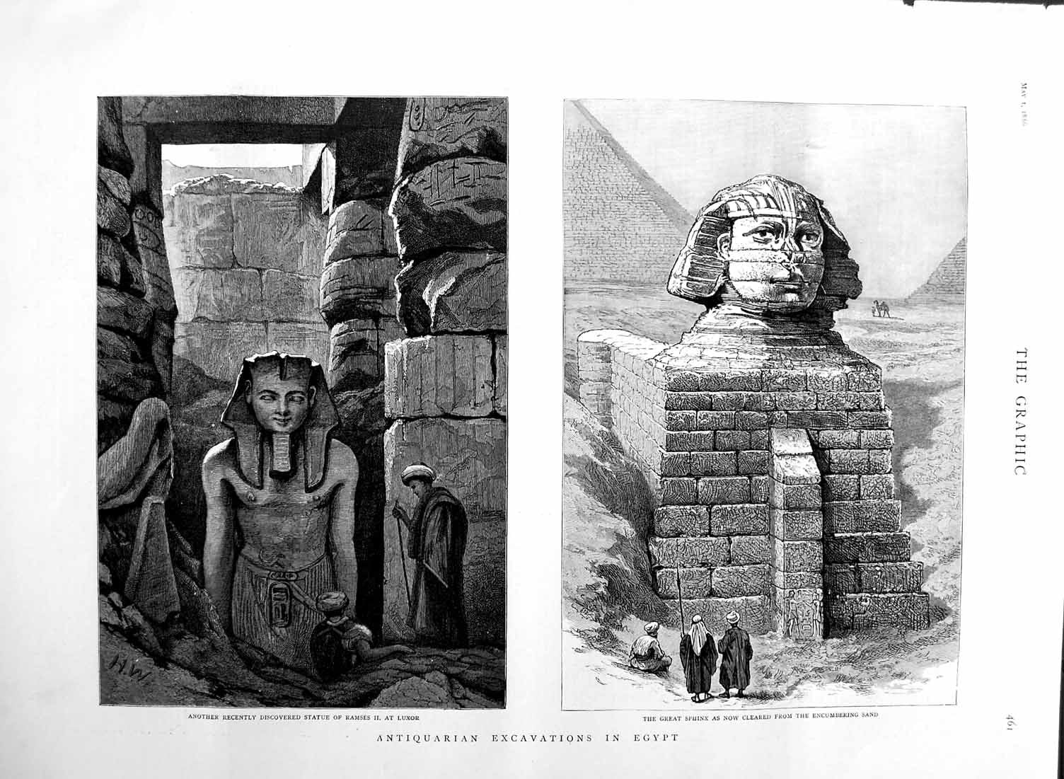 Original Old Antique Print 1886 Archaeology Egypt Statue Ramses Luxor Victorian