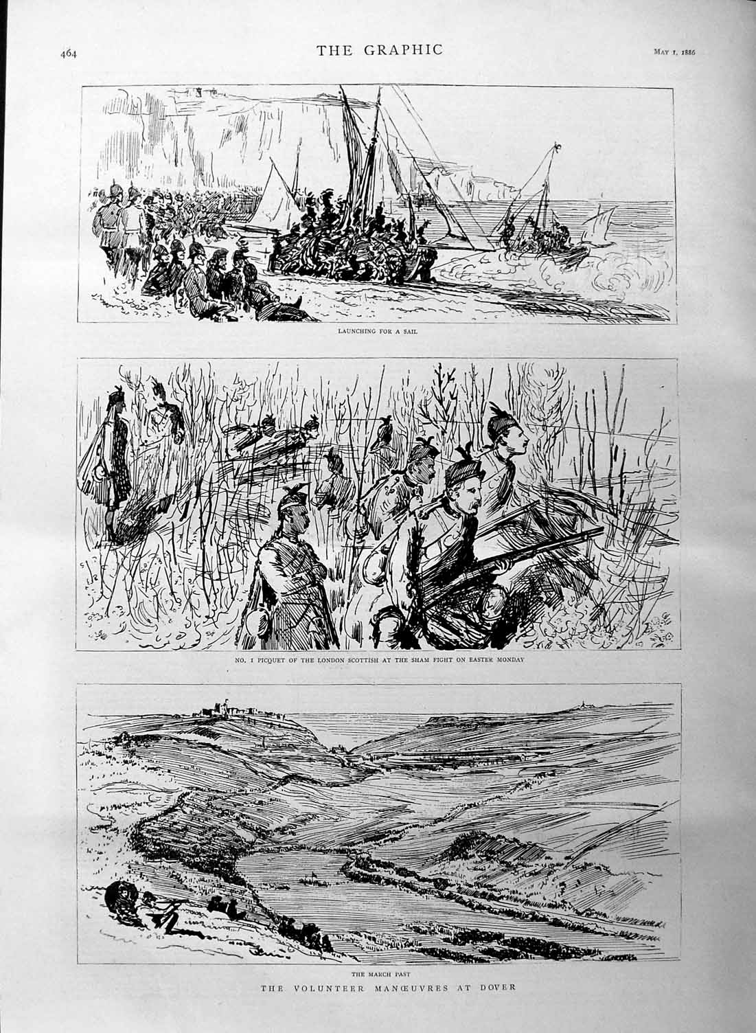 Original Old Antique Print 1886 Volunteer Manoeuvres Dover London Scottish Army